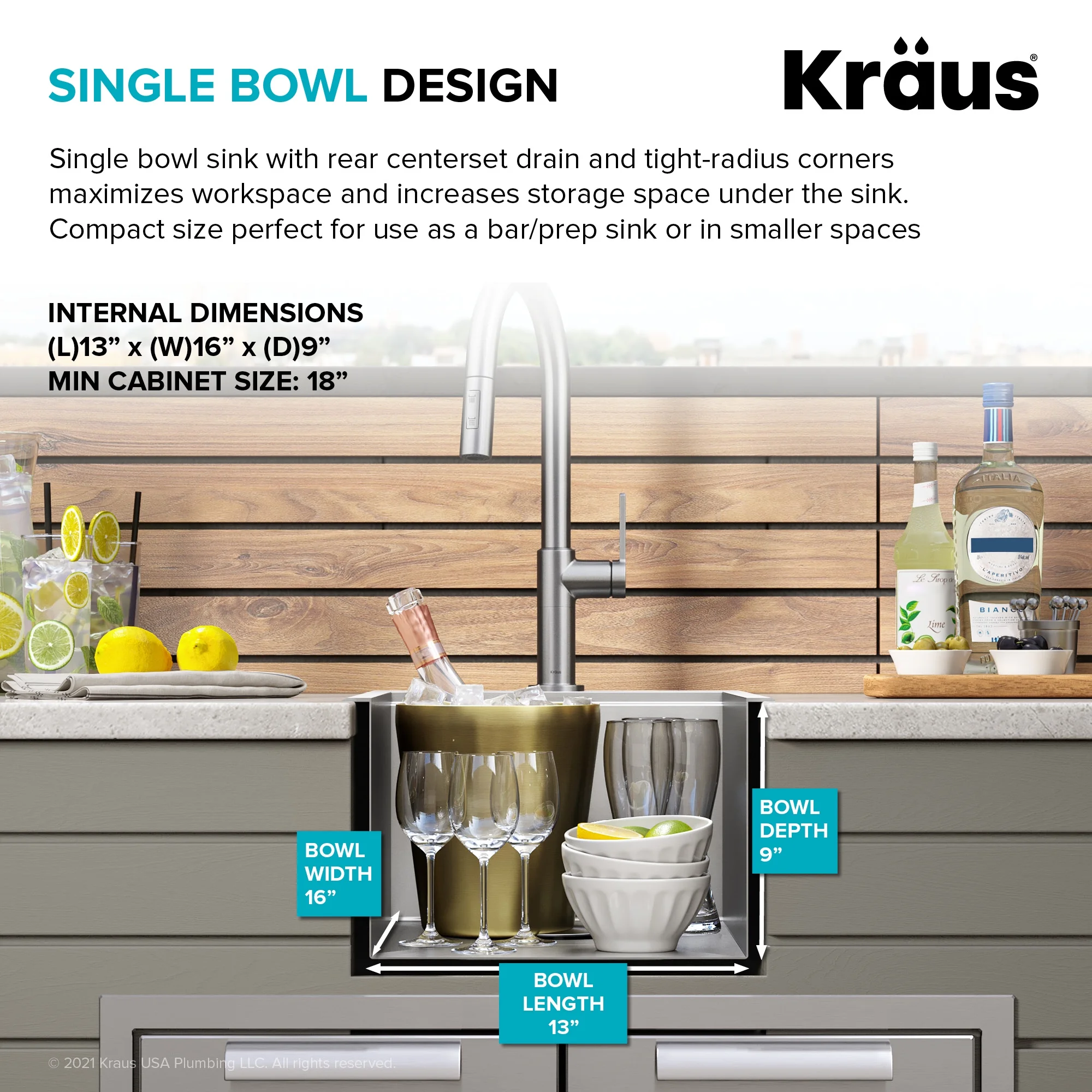 Kraus Kore 15 Outdoor Workstation Drop-In 16 Gauge Marine Grade T-316 Stainless Steel Single Bowl Kitchen Bar Sink with Accessories
