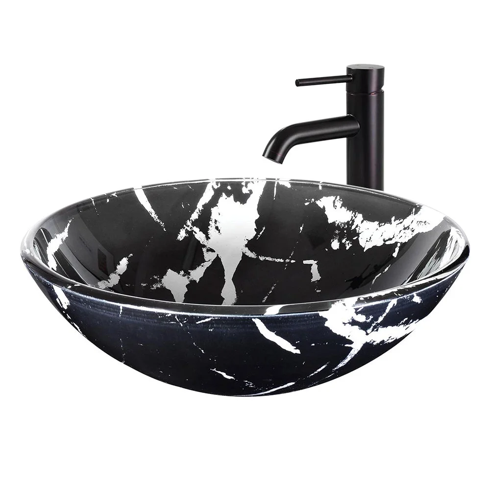 Aquaterior Tempered Glass Round Vessel Sink Artistic Marbling Pattern Above Counter Bathroom Lavatory Vanity Bowl Basin