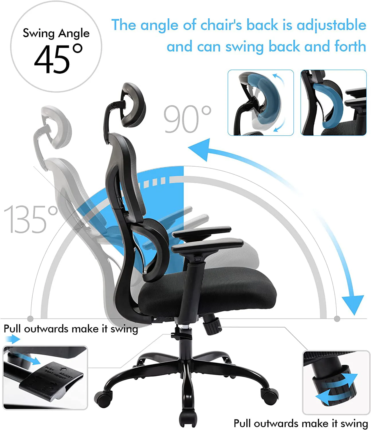 AMZFUN Office Chair, Ergonomic Desk Chair with Lumbar Support, High Back Mesh Computer Chair (Black)