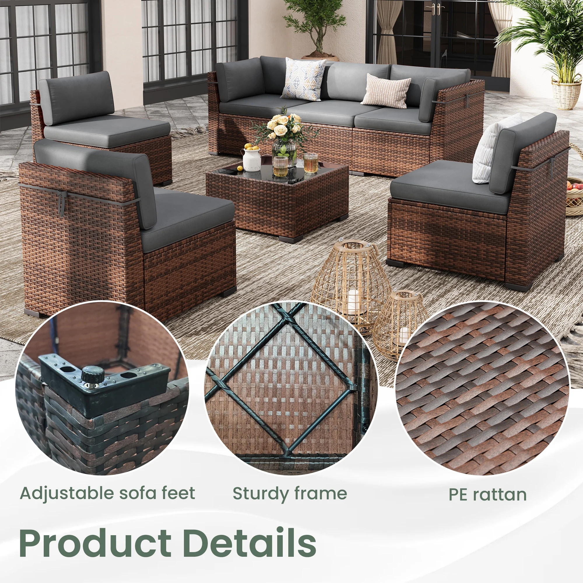 Poteban 7 Pieces Outdoor Sectional Sofa Set , PE Wicker Rattan Slanted Back Outdoor Conversation with Cushions and Glass Coffee Table for Backyard Garden, Dark Gray
