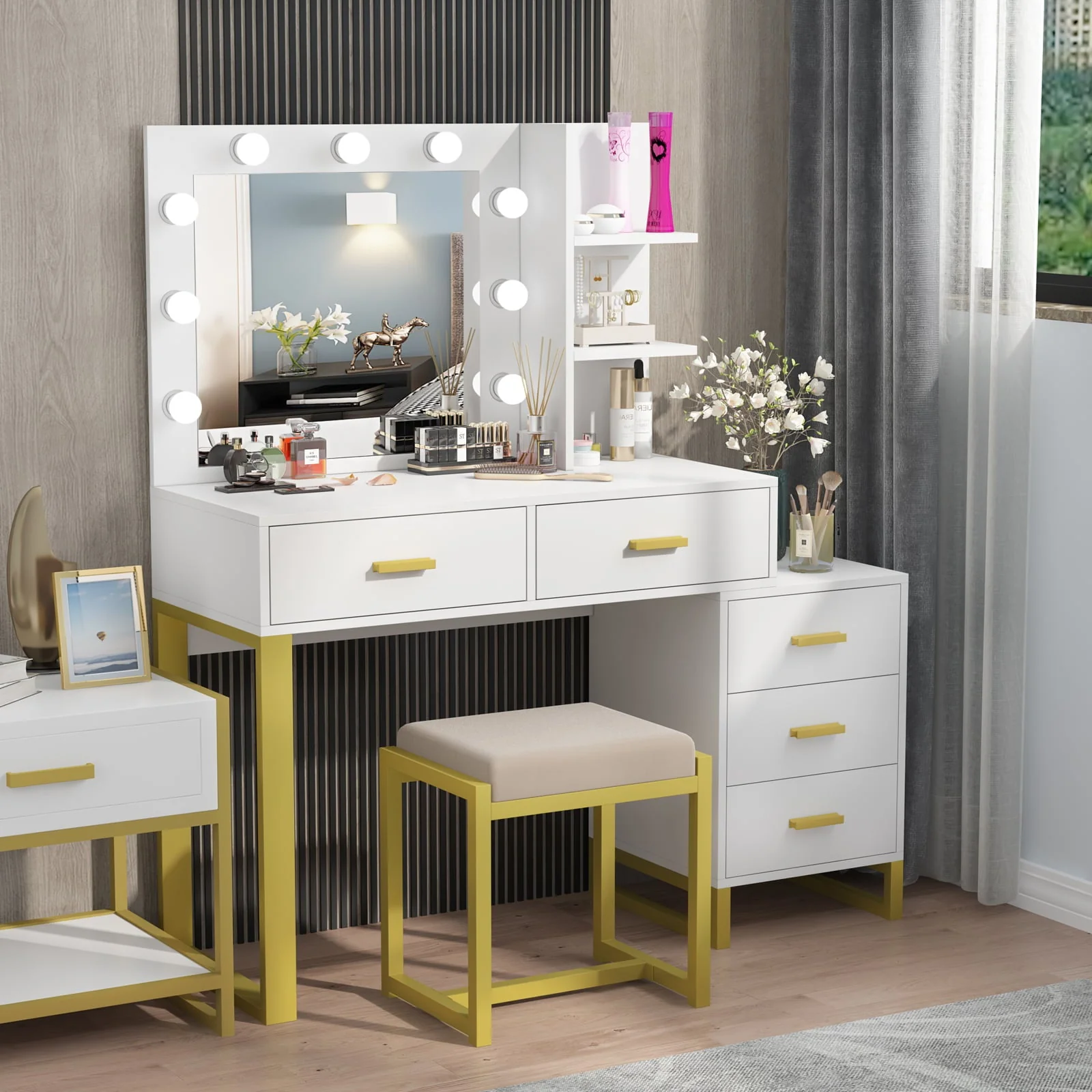 PAKASEPT Vanity Set with Lighted Mirror, Large Vanity Desk Makeup Vanity Dressing Table with 9 LED Lights, 5 Drawers, Storage Shelves&Cushioned Stool for Bedroom