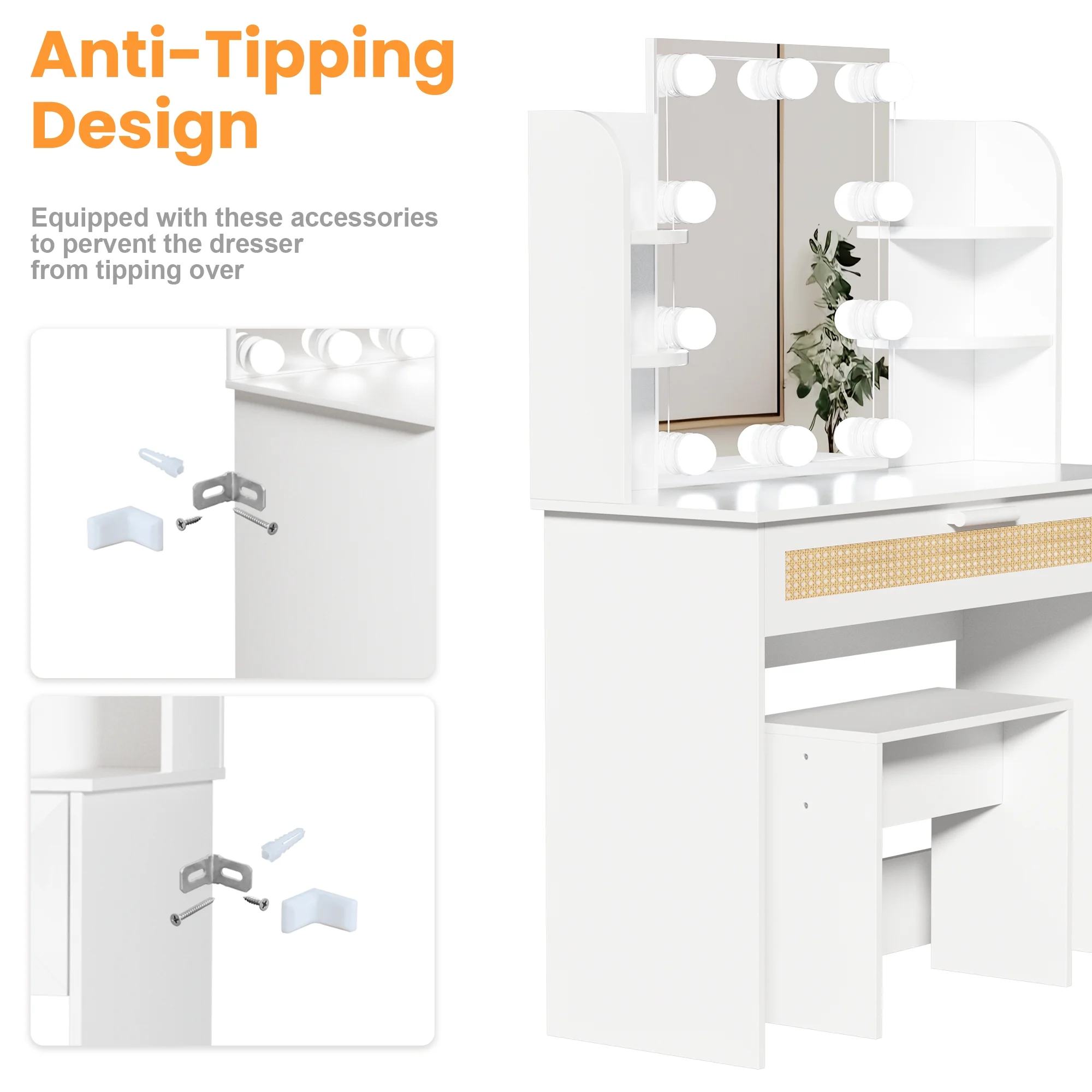 Resenkos Vanity Desk Set with Mirror and Lights for Makeup, 5 Drawers Storage Dresser for Bedroom, White