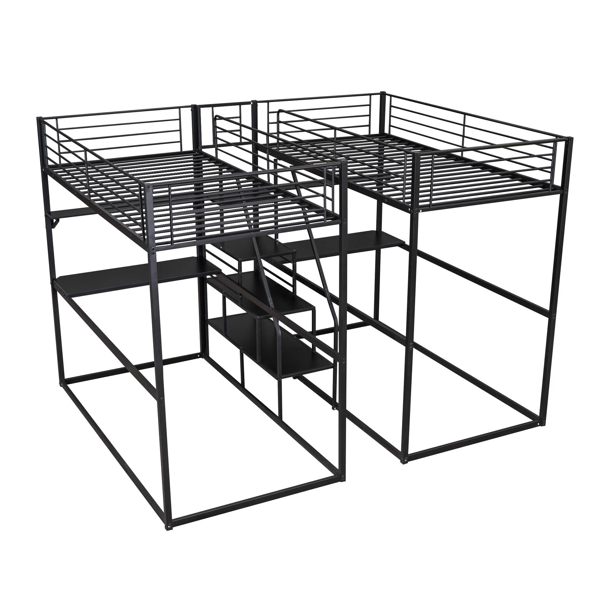 DreamBuck Double Twin over Twin Metal Bunk Bed with Desk, Shelves, and Storage Staircase, Black