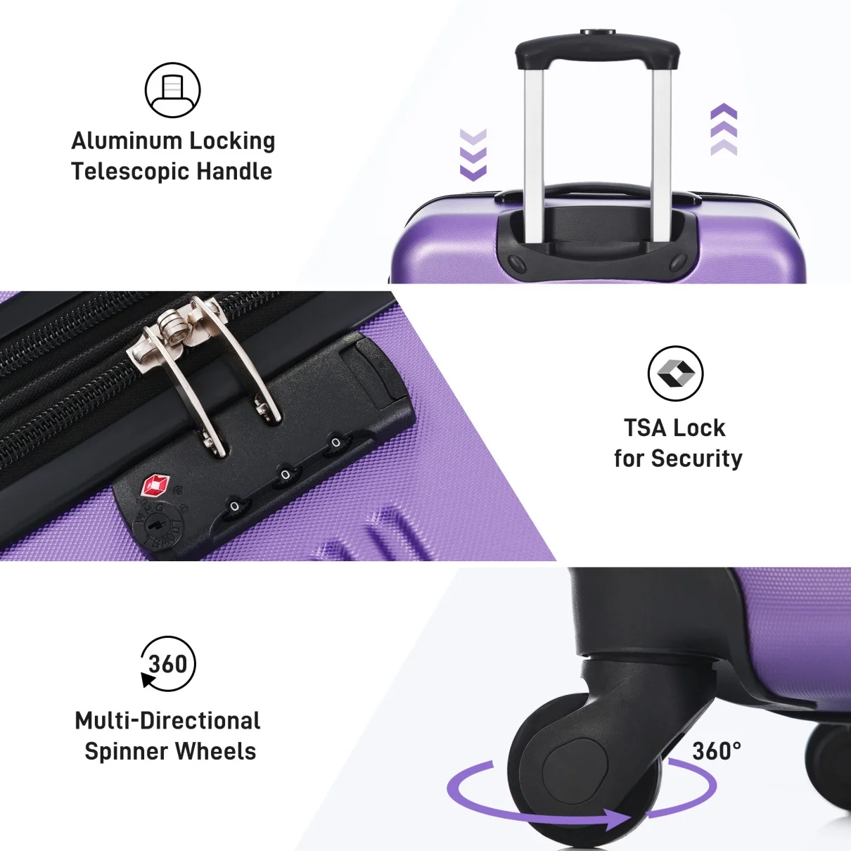 Luggage Sets 3 Piece, Hardside Expandable Ultra Durable PC Lightweight Carry On, Travel Suitcase Set with TSA Lock Spinner Wheels, Multicolor Purple