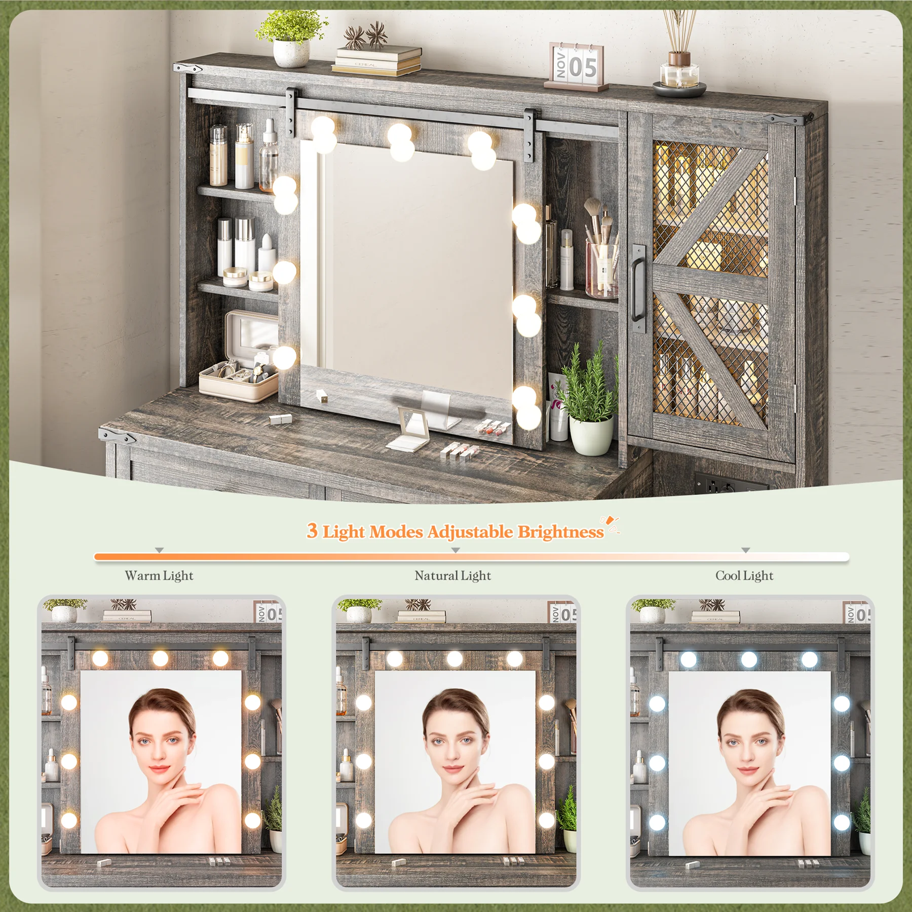EnHomee Makeup Vanity Desk with Lighted Mirror Large Vanity with 4 Drawers Farmhouse Vanity Set with Mirror and Lights,White