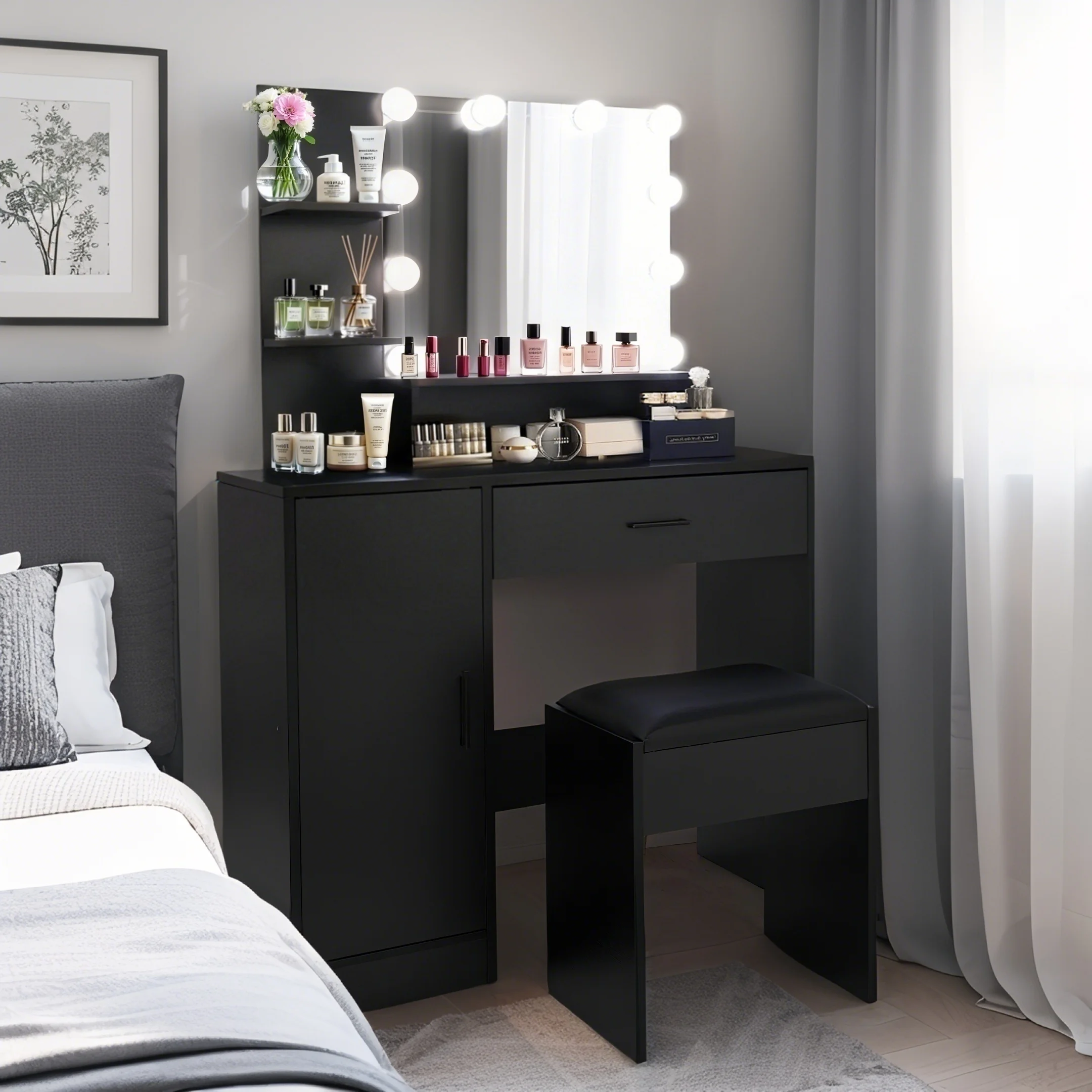 Vanity Desk with Mirror and Lights, Makeup Vanity with Drawer & Storage Cabinet, 3 Lighting Modes Adjustable Brightness, Makeup Desk with Open Shelves for Bedroom, Dressing Room, White