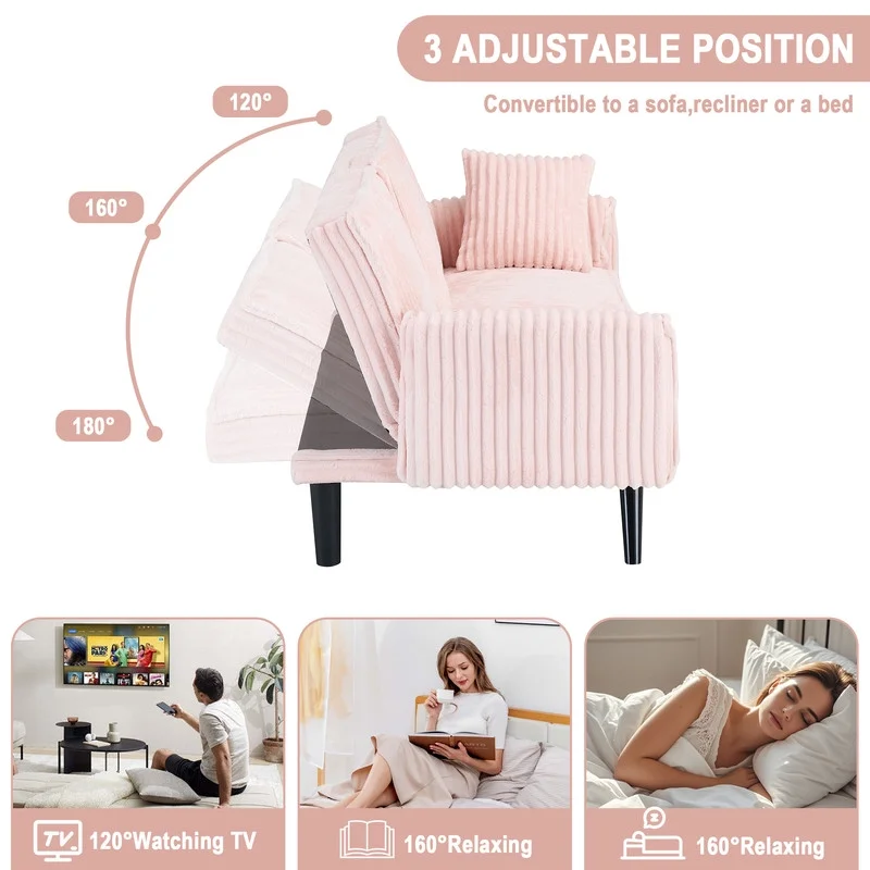FFH Modern Corduroy Futon Sofa Bed with Adjustable Backrest,Convertible Loveseat Sleeper,Soft Couch with Drop-Down Table and Cup Holder for Living room,Pink