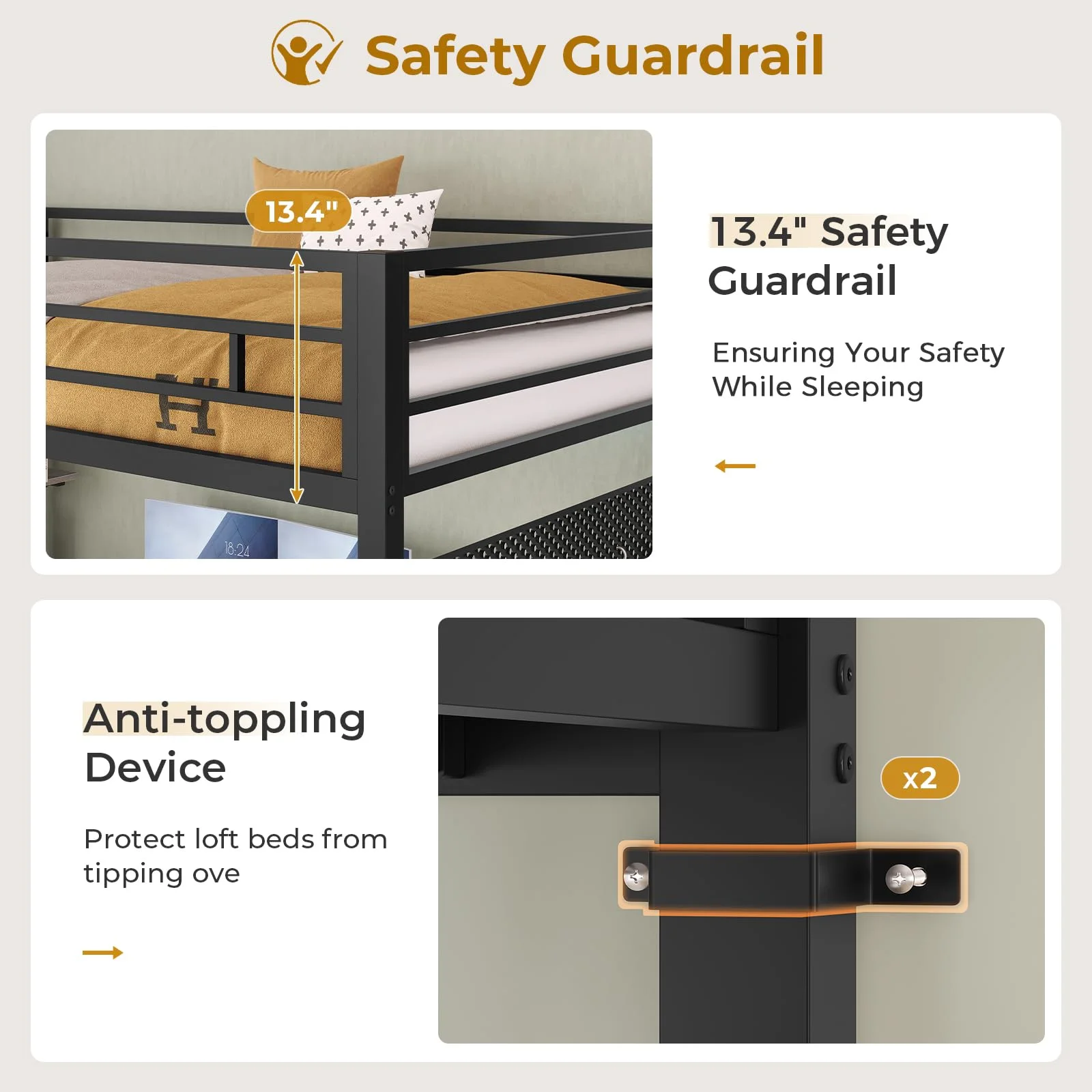 Afuhokles Loft Bed Twin Size with L-Shaped Desk and Charging Station, LED Light Twin Metal Loft Bed with Fabric Drawers and Shelves, Gray