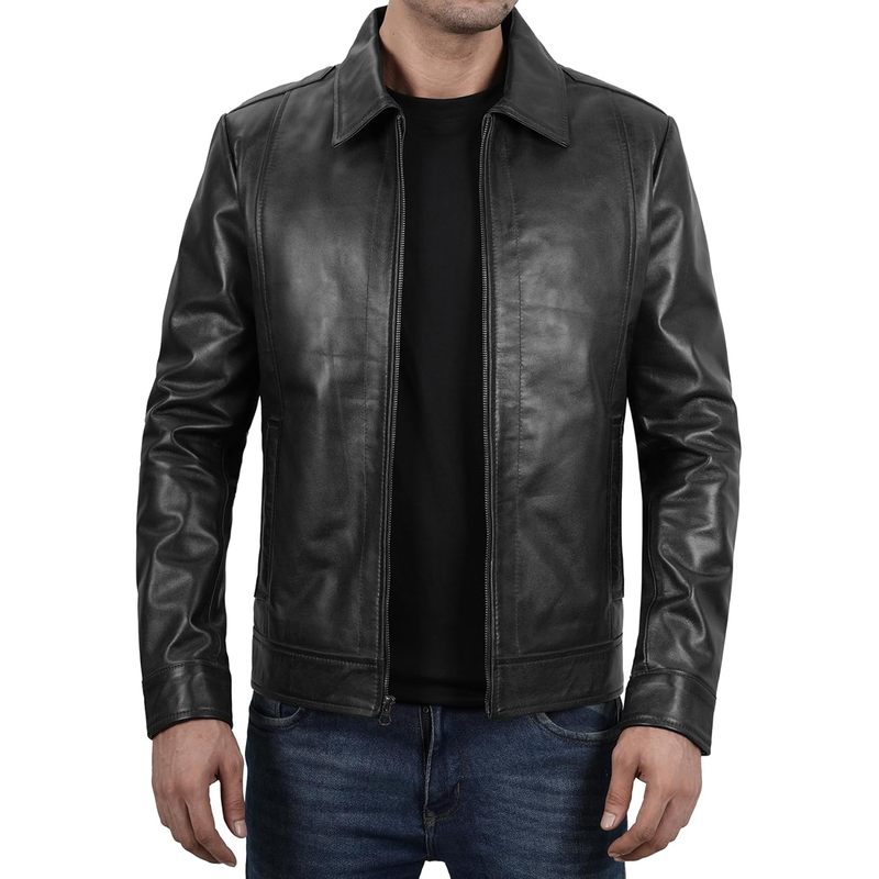 Vintage Distressed Leather Jacket for Men - Shirt Collar Genuine Lambskin Mens Leather Jacket