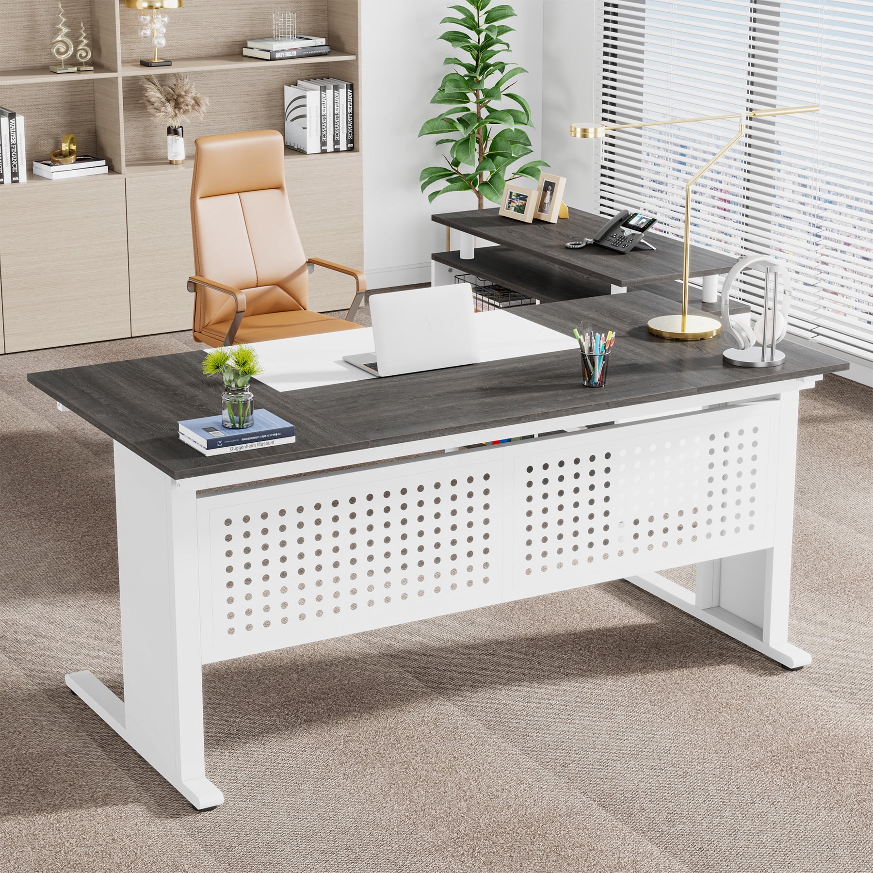 Tribesigns 63 Inch Executive Desk with File Cabinet, Large Office Desk L Shaped Computer Desk with Drawers and Storage Shelves, Business Furniture Desk Workstation for Home Office, Brown and Black