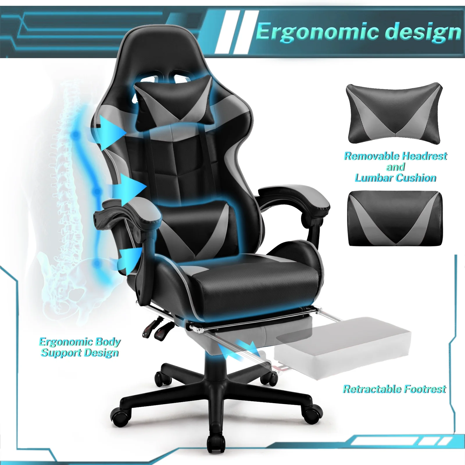 SOONTRANS Green Gaming Chair with Footrest, High Back Gamer Chair with Massage Lumbar Pillow, Gamer Computer Desk Chair (Green)