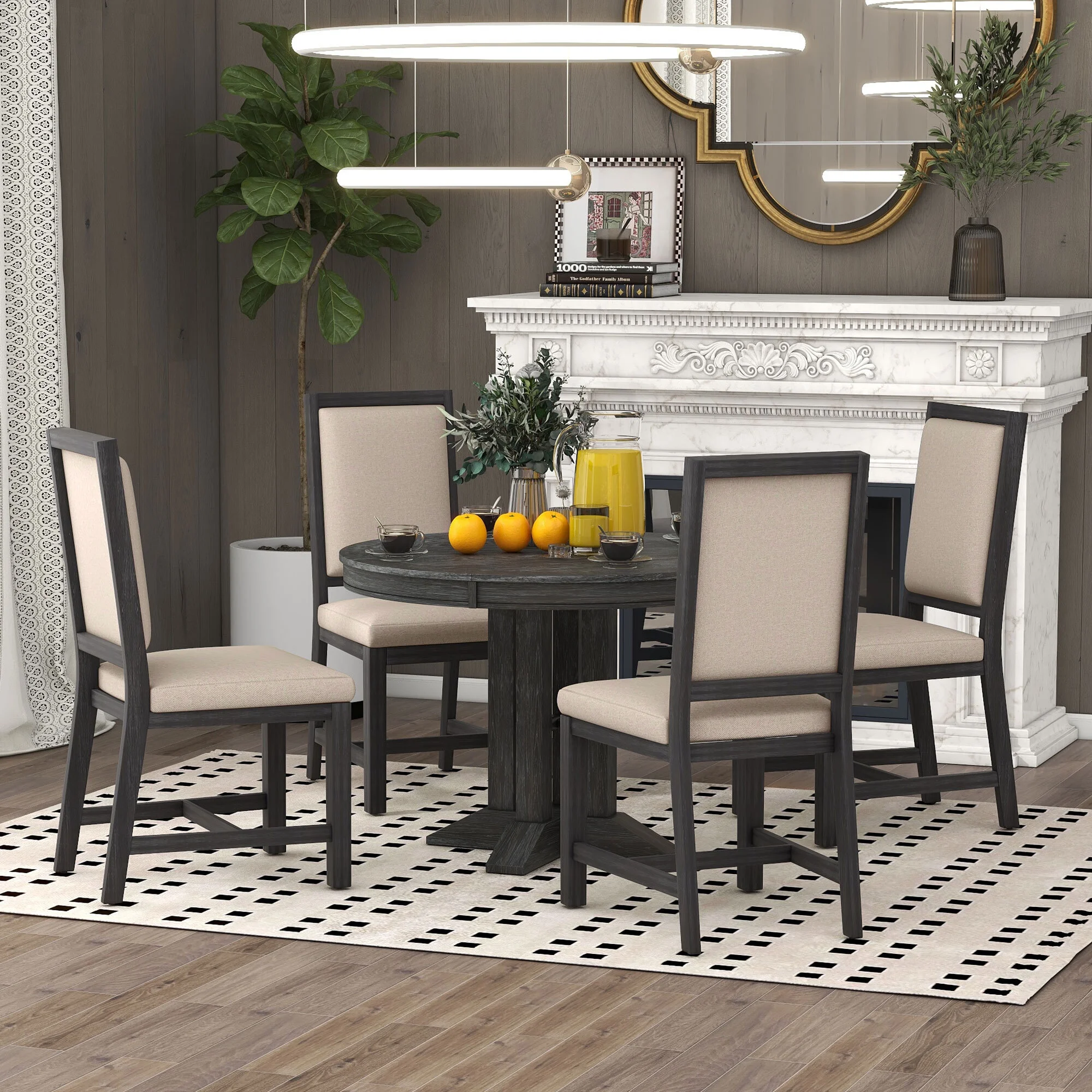 EUROCO 5-Piece Dining Table Set for 4,Round Kitchen Extendable Dining Table with 4 Dining Upholstered Chairs and Wooden Frame,Dining Room Table Set for Small Space,Living Room,Black