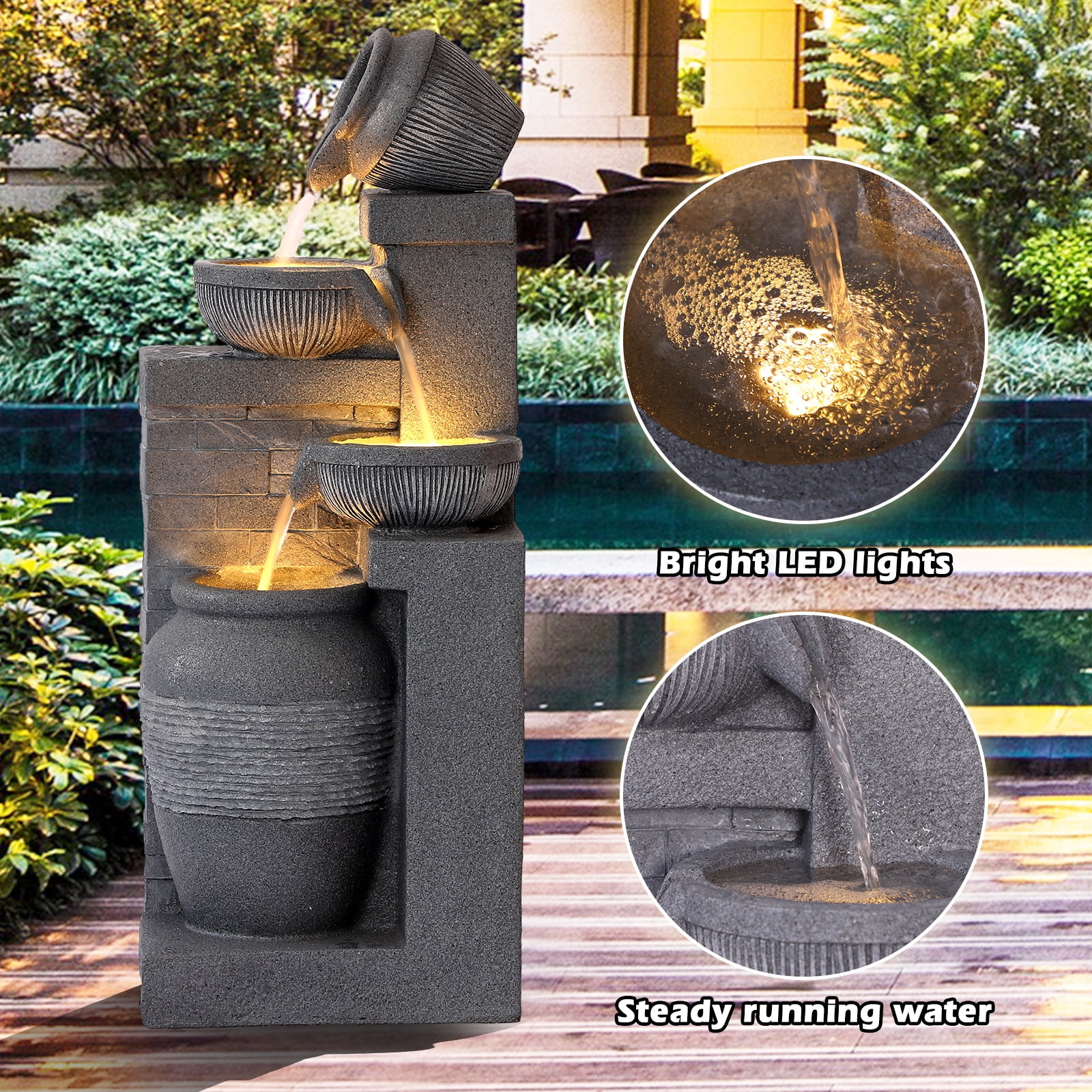 Magic Union Outdoor 4-Tiers Water Fountain, Garden Cascading Waterfalls Fountain with LED Lights, 32