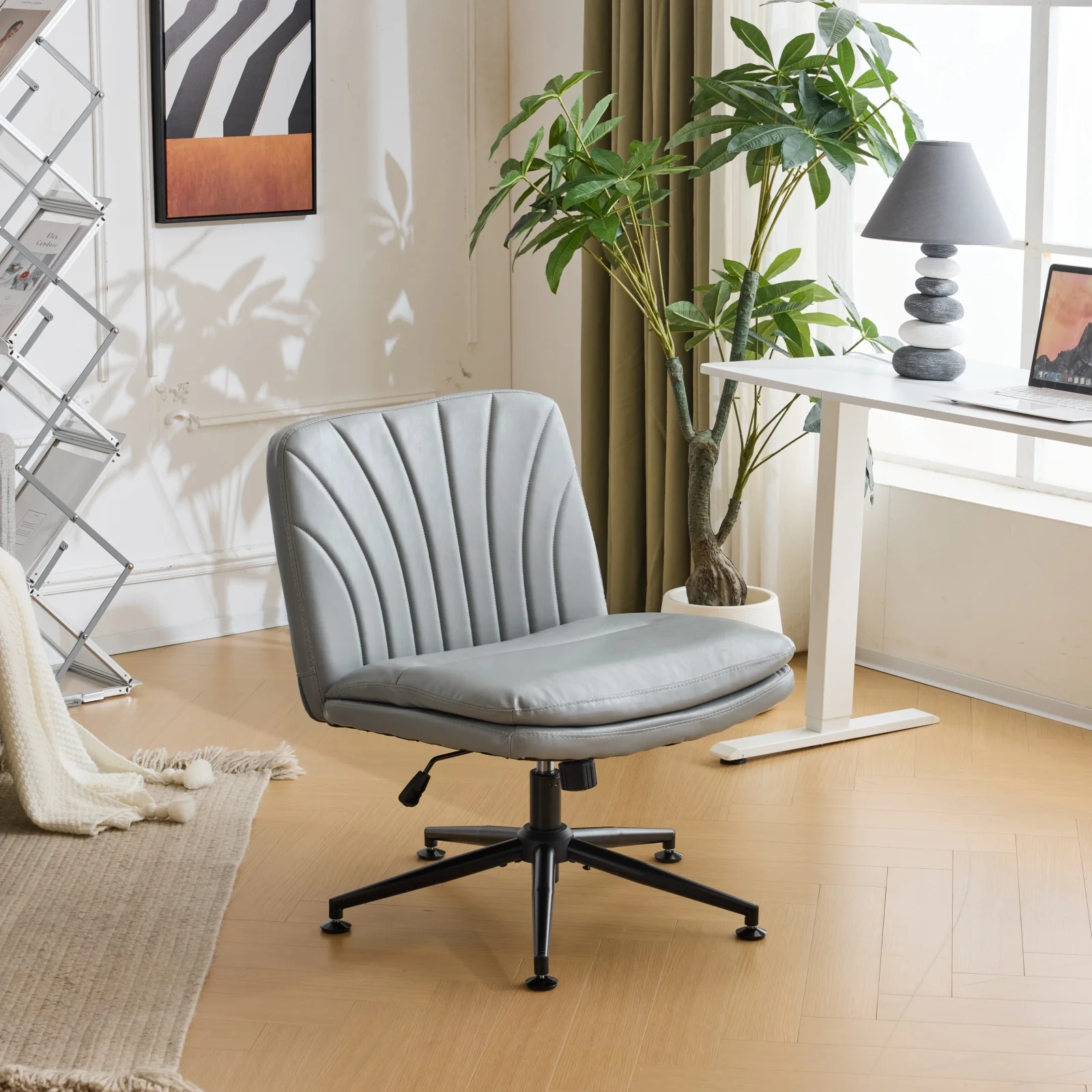 Ktaxon Armless Office Chair Swivel Study Chair Adjustable Desk Chair with Criss Cross Legs and Wheels for Conference and Home Faux Leather Gray