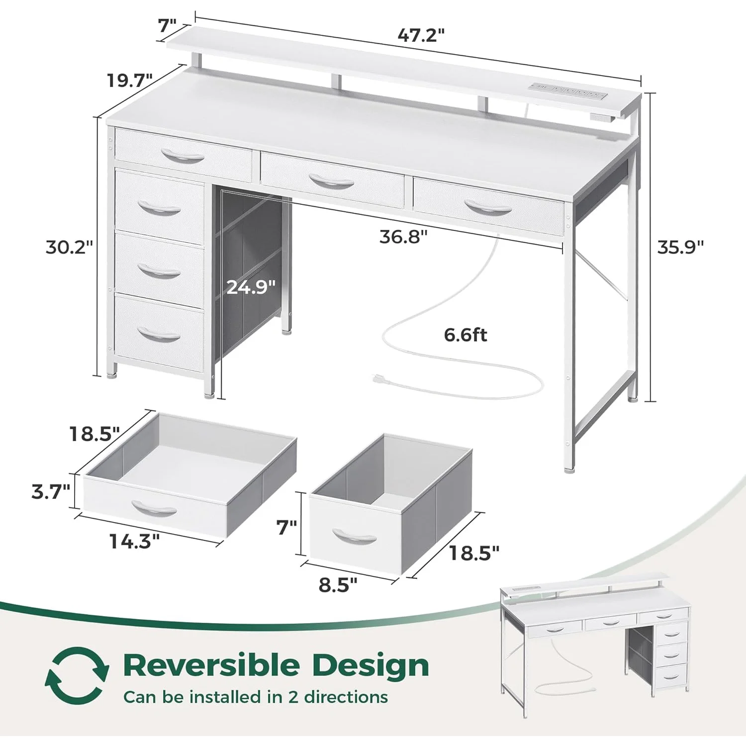 Gaming Desk with 6 Drawers, Computer Desk with LED Lights Power Outlets and Type-C, 47 Inch Office Table with Storage, Monitor Stand, Writing & Work Home Office, Bedroom, Study, White