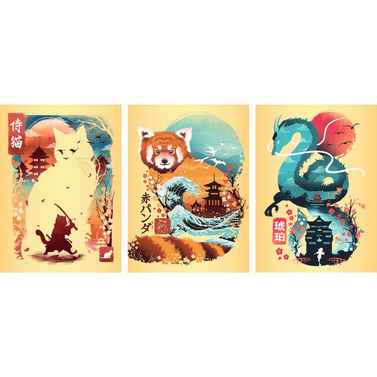 Ukiyo-E Cat Warrior, Red Panda & Dragon - 3 x 100 Piece Mini Jigsaw Puzzle Set with Easel (Ravensburger)