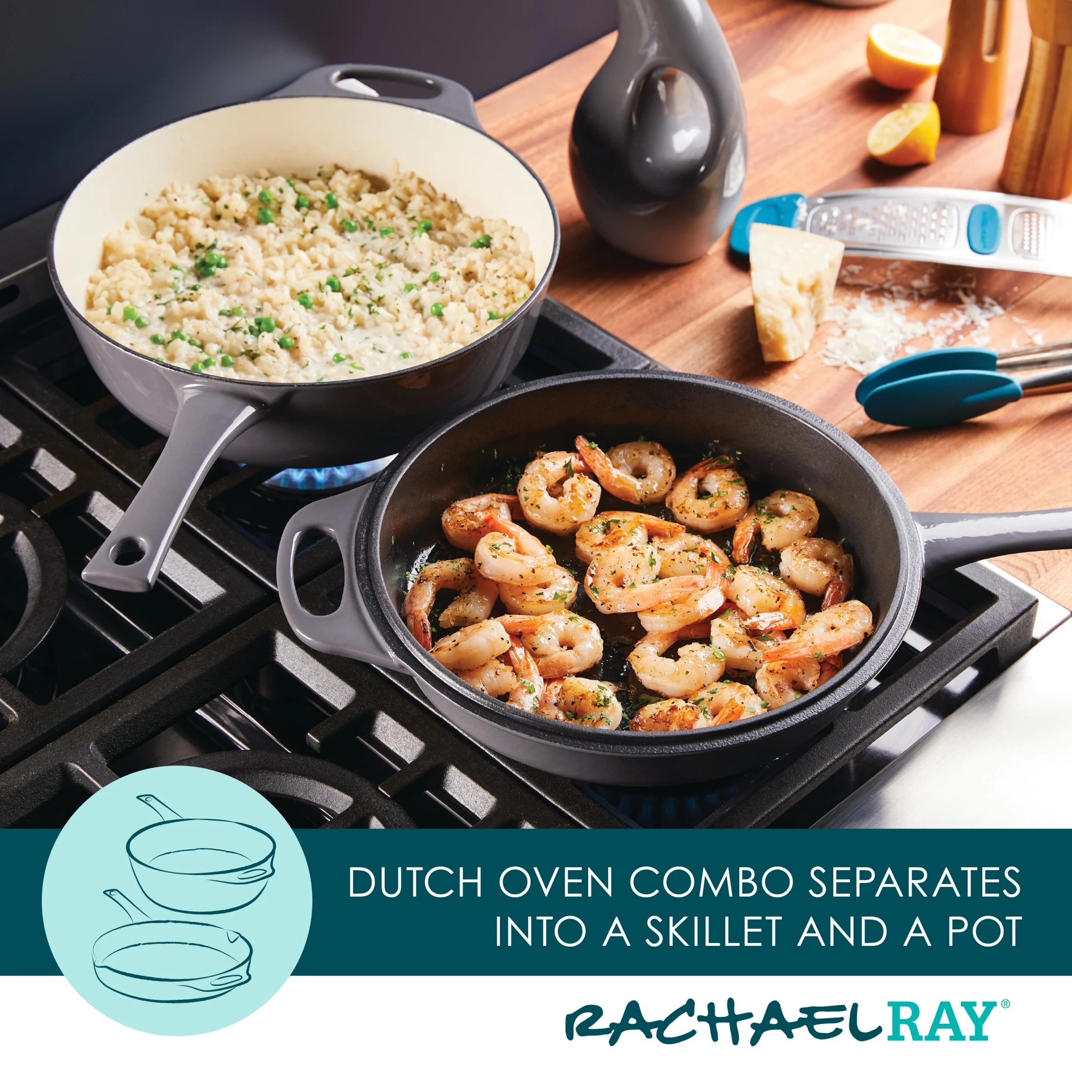 Rachael Ray Enameled Cast Iron 3-in-1 Dutch Oven Skillet Saute Combo, 4 Quart, Gray