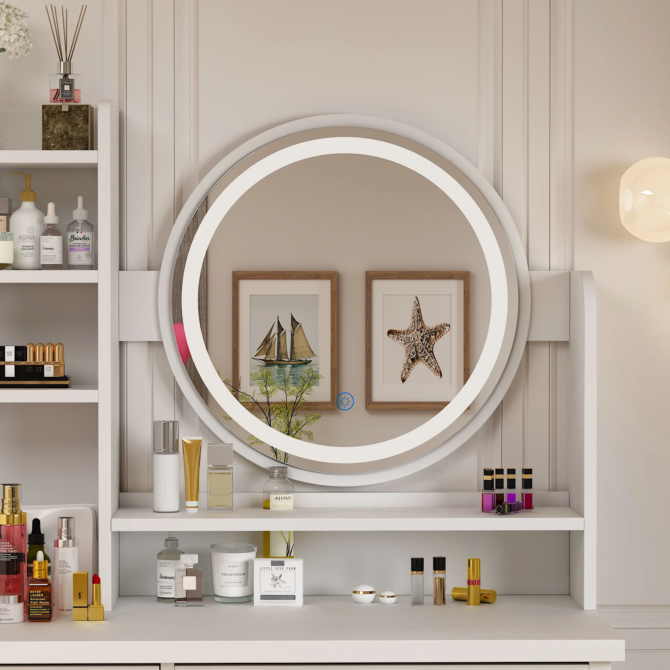 MONSLIPA Makeup Vanity Desk Set w/ Light, Sturdy Dressing Vanity Table with Bench, Shelves & Drawers