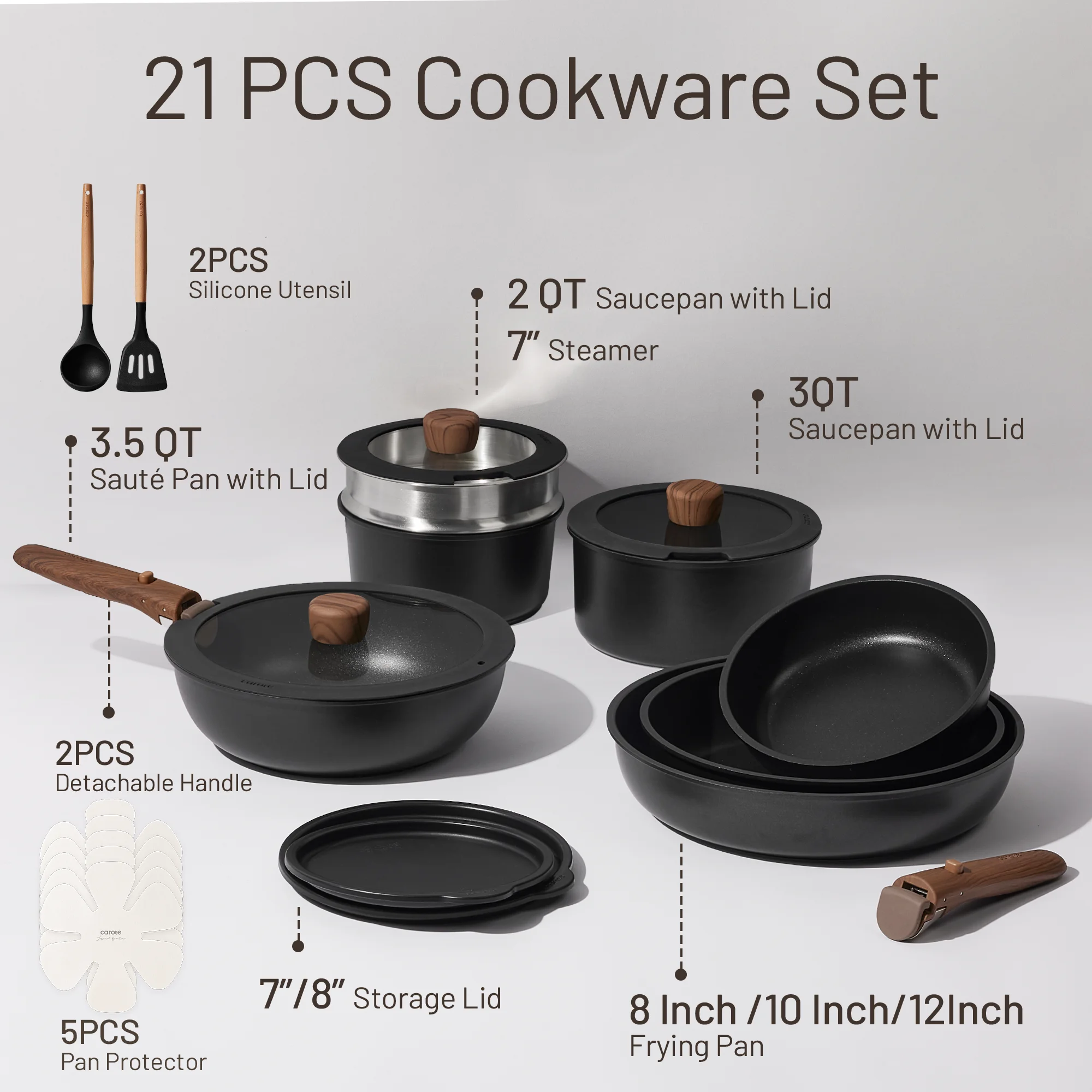 Carote 21 Pcs Nonstick Cookware Set, Pots and Pans Set with Detachable Handles, Oven/Dishwasher Safe, Stackable Kitchen Cooking Set, White Granite.