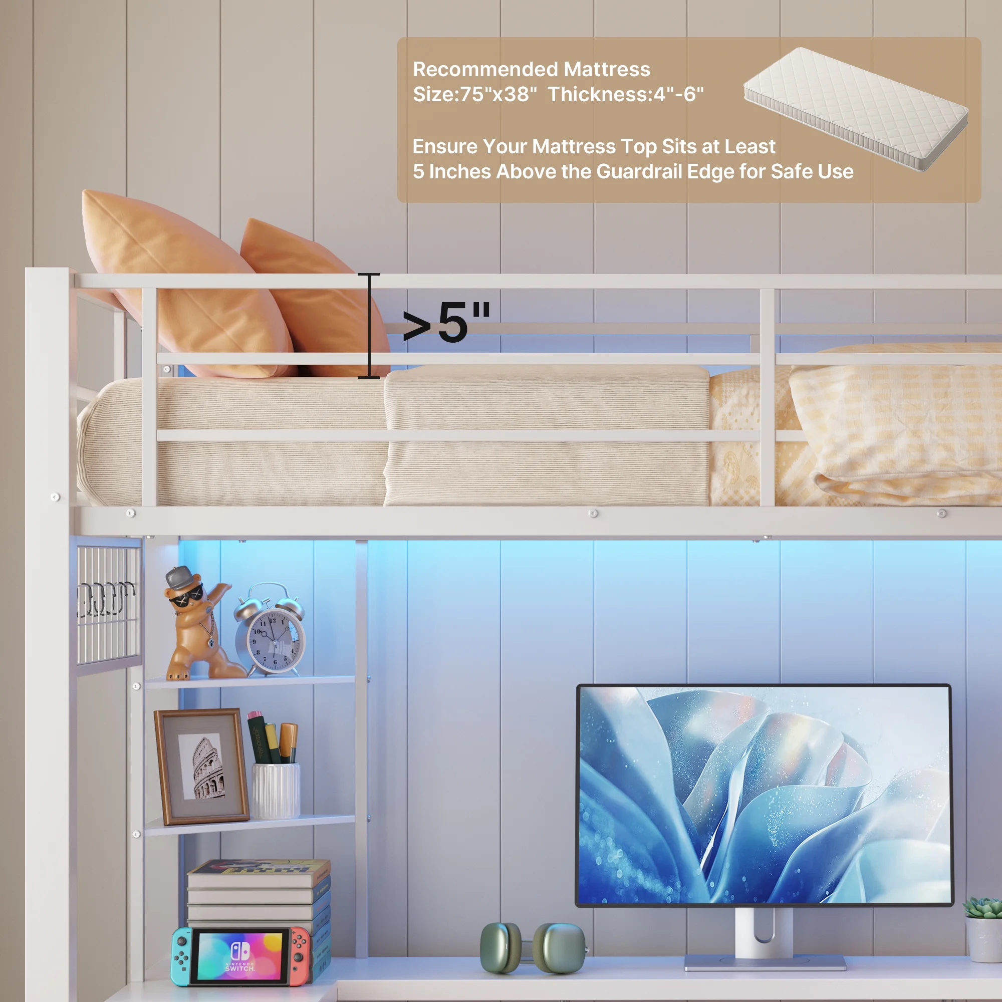 Loft Bed Frame with L-Shaped Writing Desk with Storage Drawers and Shelves, Lofka Twin Metal Bed with LED Lights and Charging Station, Retro Brown Board
