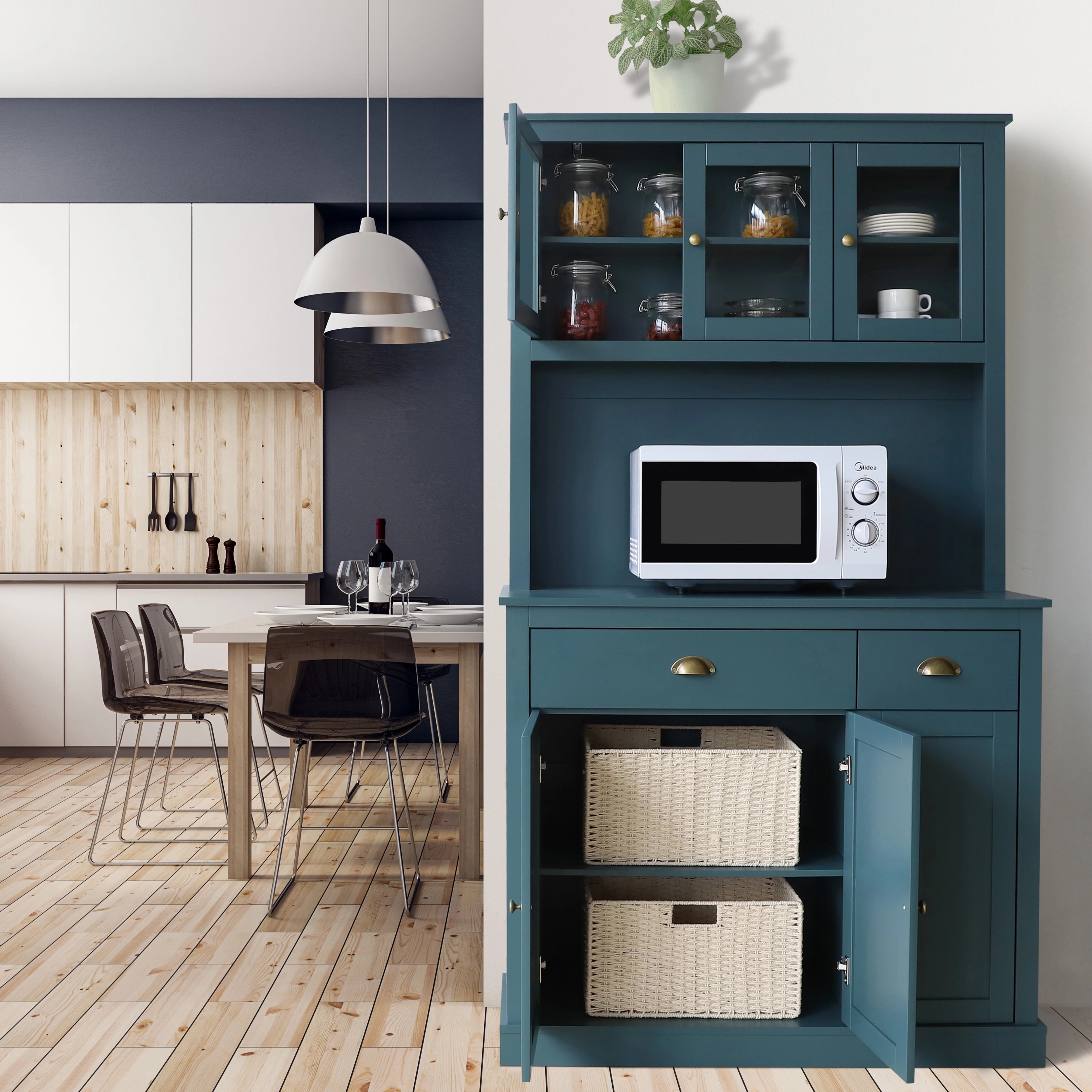 VEIKOUS 71''H Pantry Cabinet Kitchen Hutch Pantry Storage Buffet Cabinet w/ Microwave Stand, 6 Cupboard and 2 Drawer, Blue