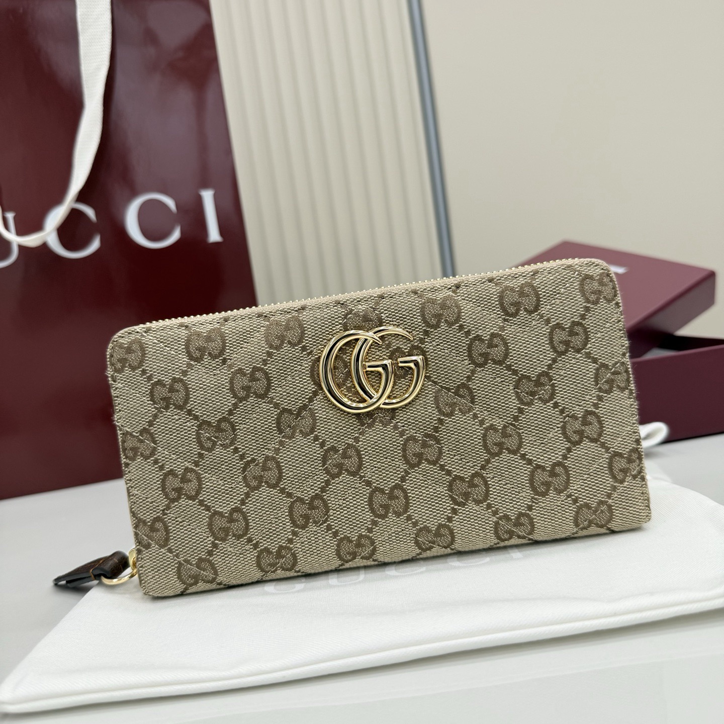 Gucci Marmont Zip Around Wallet in Sand and Brown GG Canvas
