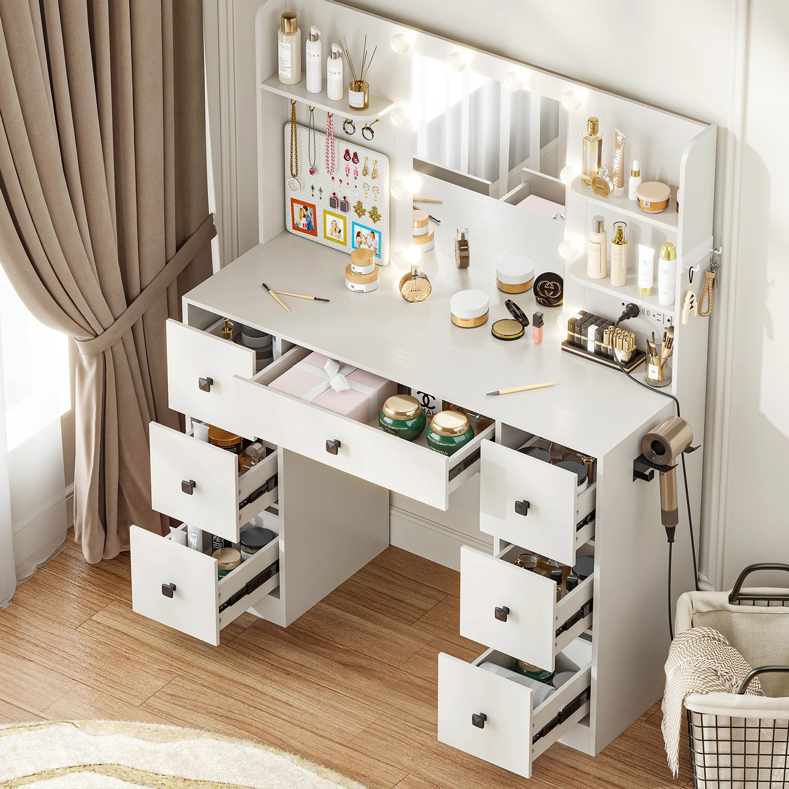 Cottinch Vanity Desk 3 Color Lighted Mirror,Makeup Dressing Table with 4 Drawers and Storage Shelves,2 Outlets,2 USB Ports,White