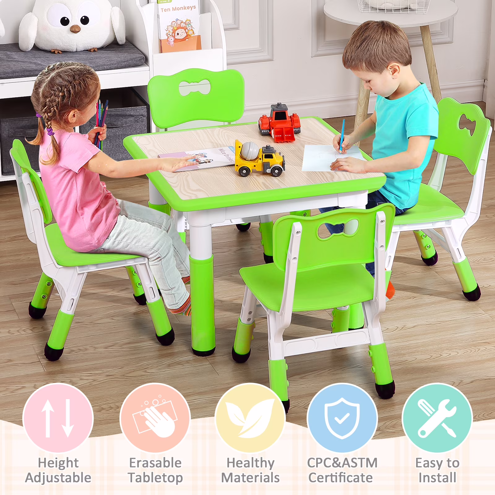 KATIDAP Kids Table and 4 Chairs Set, Height Adjustable Toddler Table and Chair Set, Graffiti Desktop, Classroom/Daycare/Home, Children Multi-Activity Table for Ages 2-8,Blue