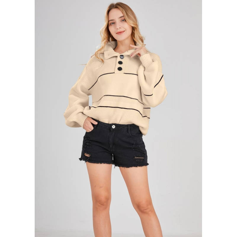 Women's Slouchy Waffle Knit Sweater 1/2 Button Polo