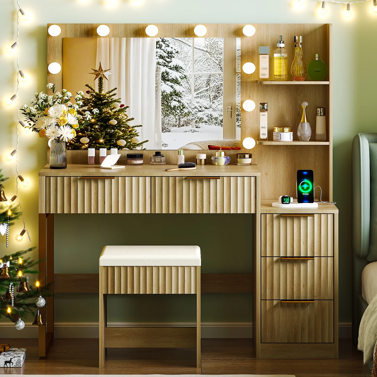 Ktaxon Flutted Makeup Vanity Table Set with 5 Drawer, Dressing Table w/Charging Station, Vanity Desk for Femal Gift, White