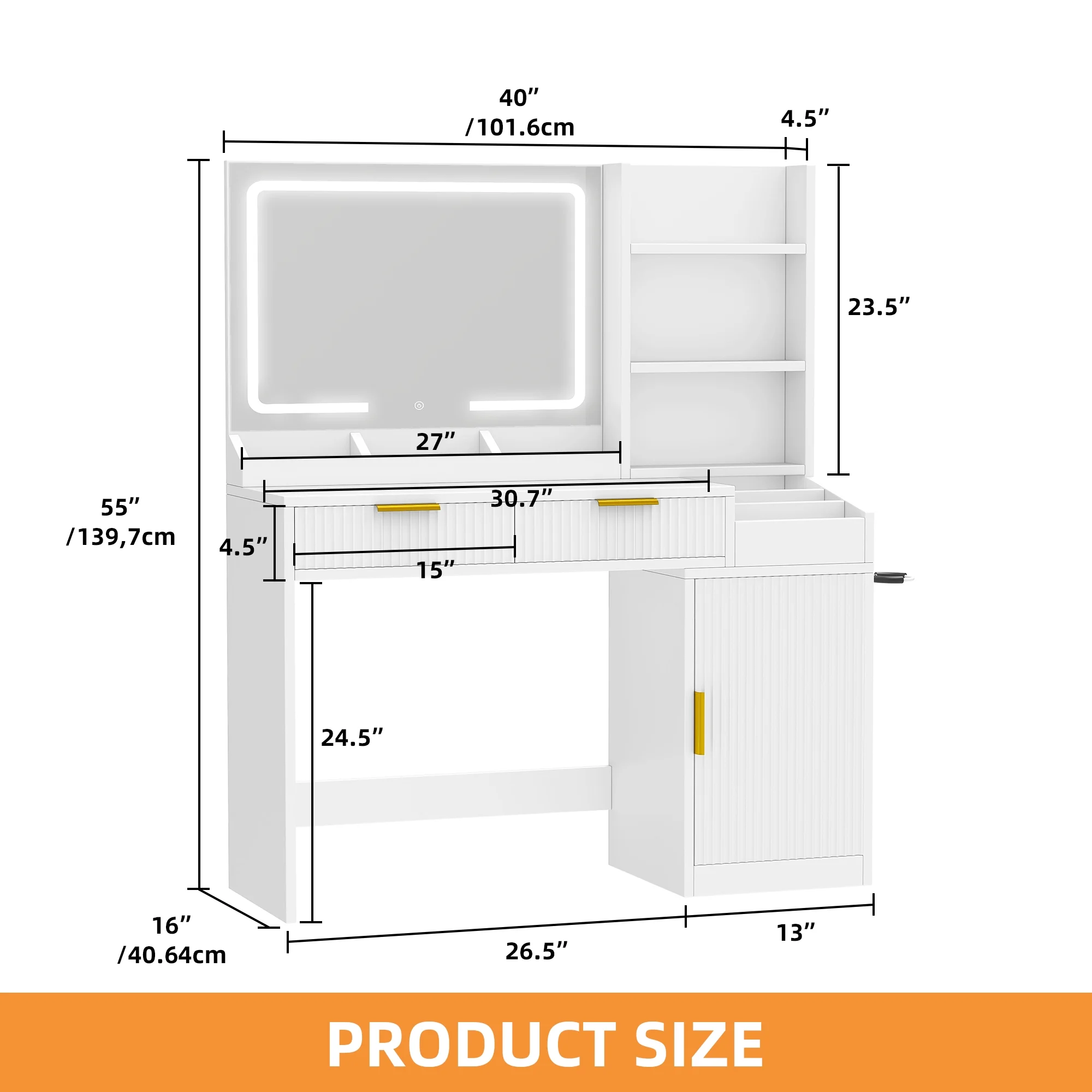 Craftian White Makeup Vanity Desk with Large Mirror and Lights, Dressing Table with 2 Storage Drawers & Power Outlets