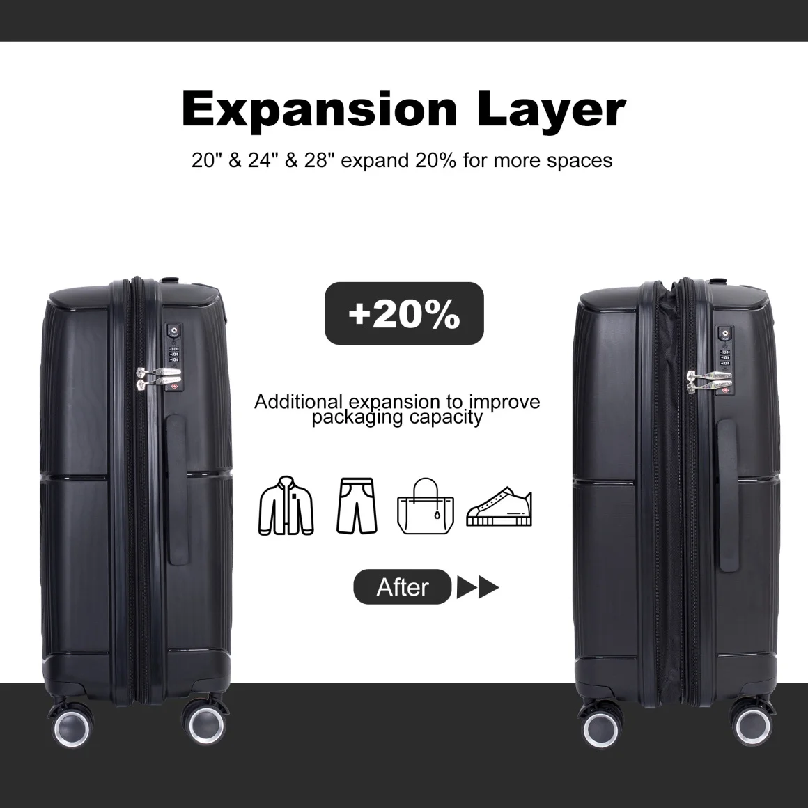 3 Pieces Luggage Set (20/24/28), Expandable PP Lightweight Hardshell Durable Suitcase with 4 Double 360 Degrees Mute Spinner Wheels and TSA Lock for Men Women, Black