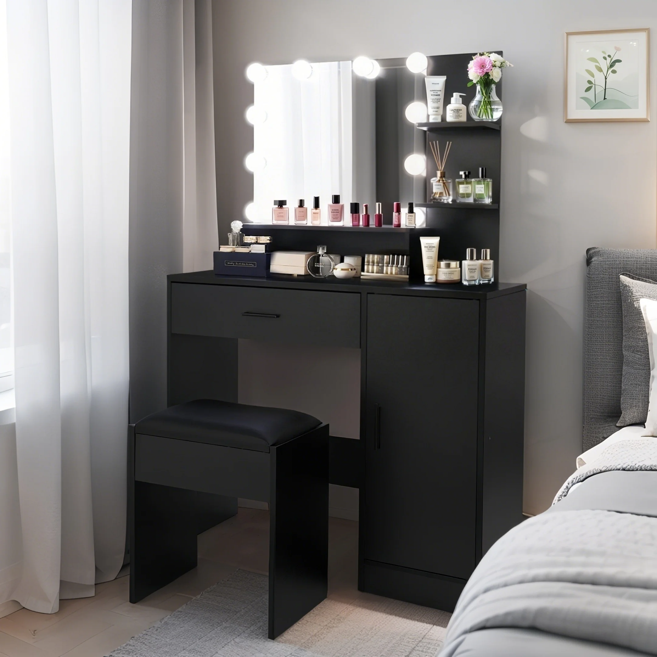 Vanity Desk with Mirror and Lights, Makeup Vanity with Drawer & Storage Cabinet, 3 Lighting Modes Adjustable Brightness, Makeup Desk with Open Shelves for Bedroom, Dressing Room, White