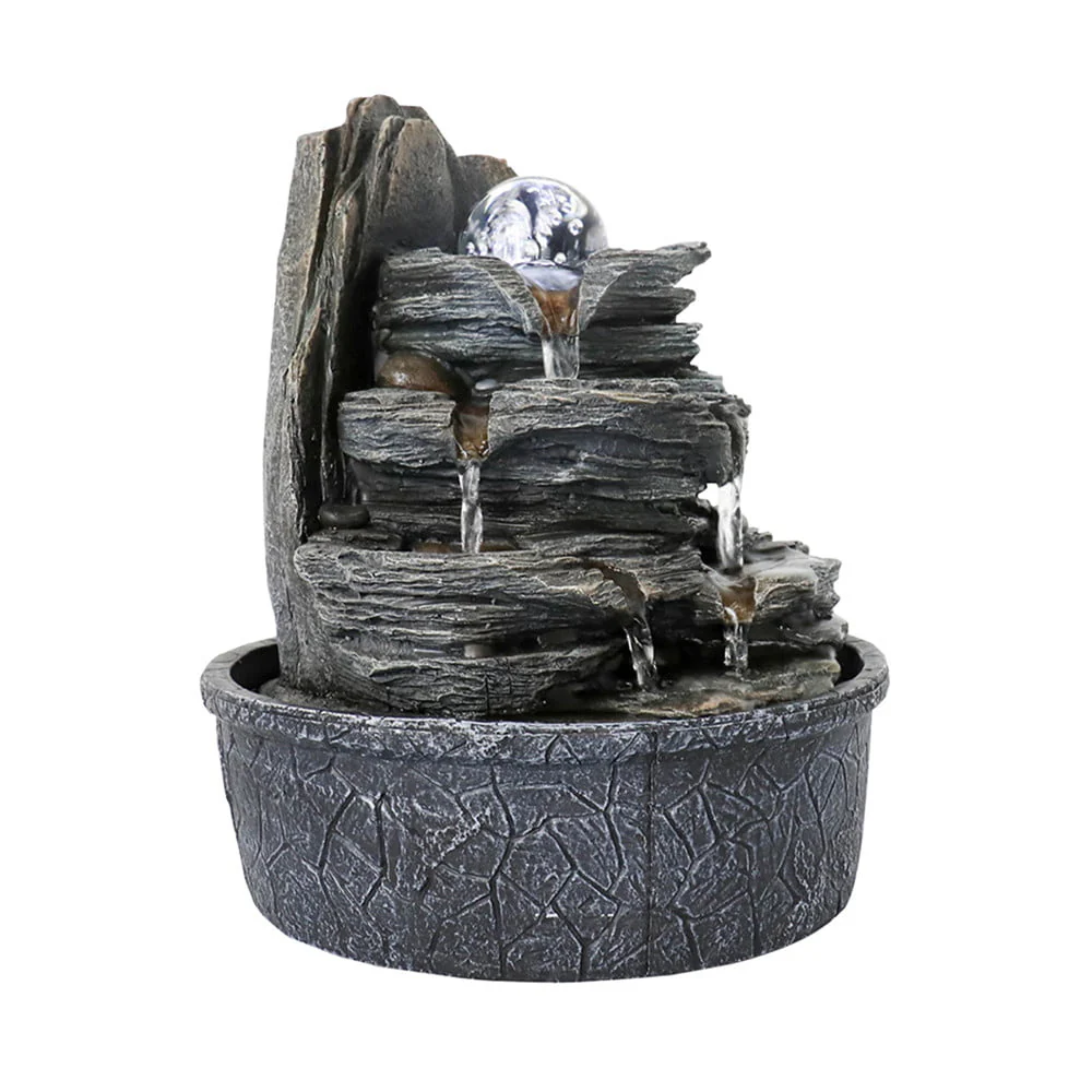 Indoor Water Fountain Tabletop with LED Light, Crystal Ball - 3 Step Zen Modern Portable Rock Waterfall Fountain for Office Desktop Decor