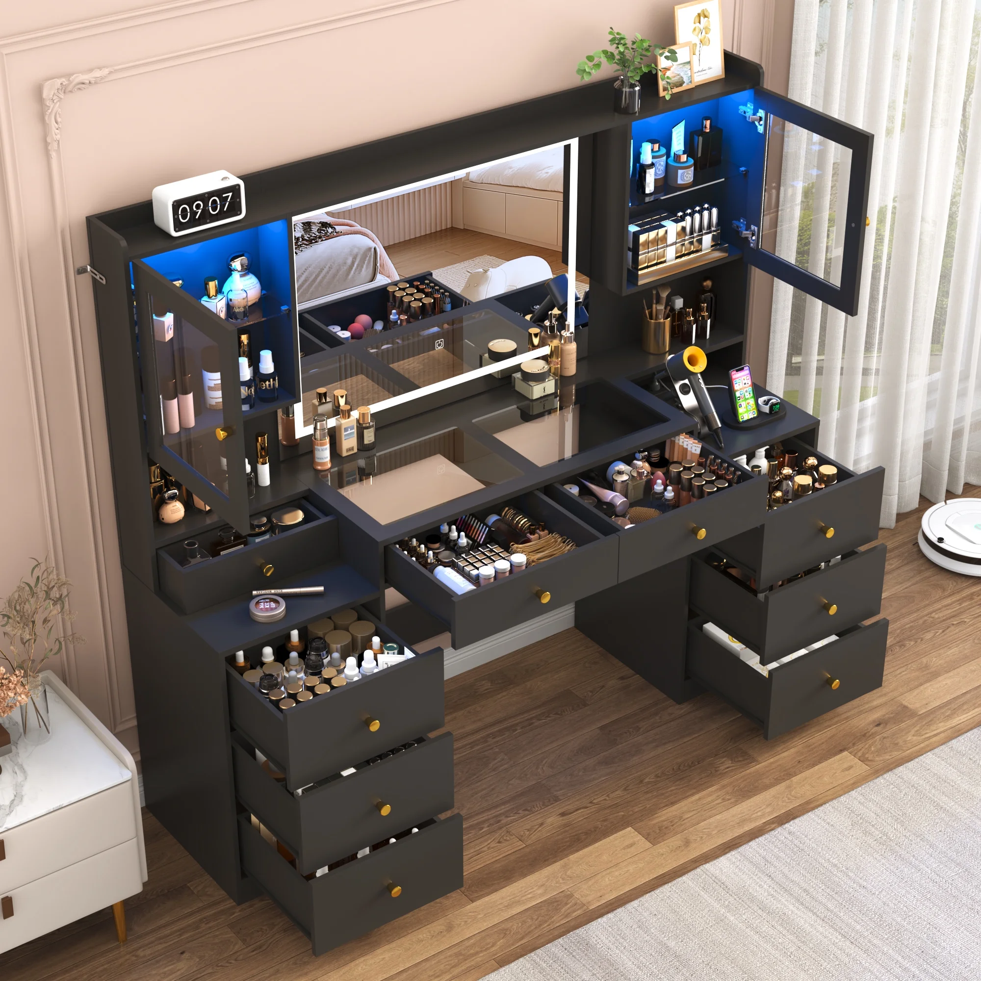 Blotout 62'' Large Vanity Desk w/60000-color LED Lights, Tempered Glass Top, Power Outlet, Makeup Vanity Table w/ 3 Lights Mode Mirror, 9 Drawers, 2 RGB Cabinets, LED Dressing Table for Girls, Women