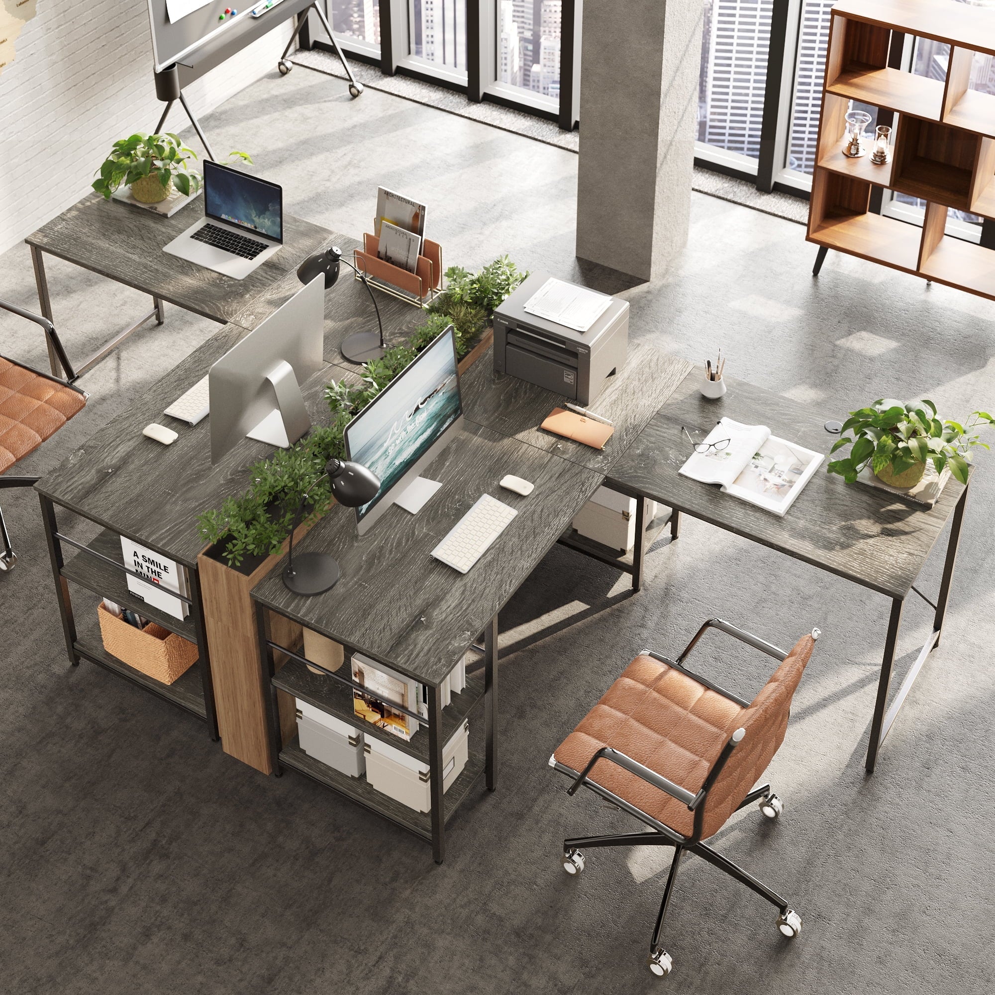 Bestier 95.5 inches L-Shaped Corner Computer Desk with Shelves Long Table in Grey