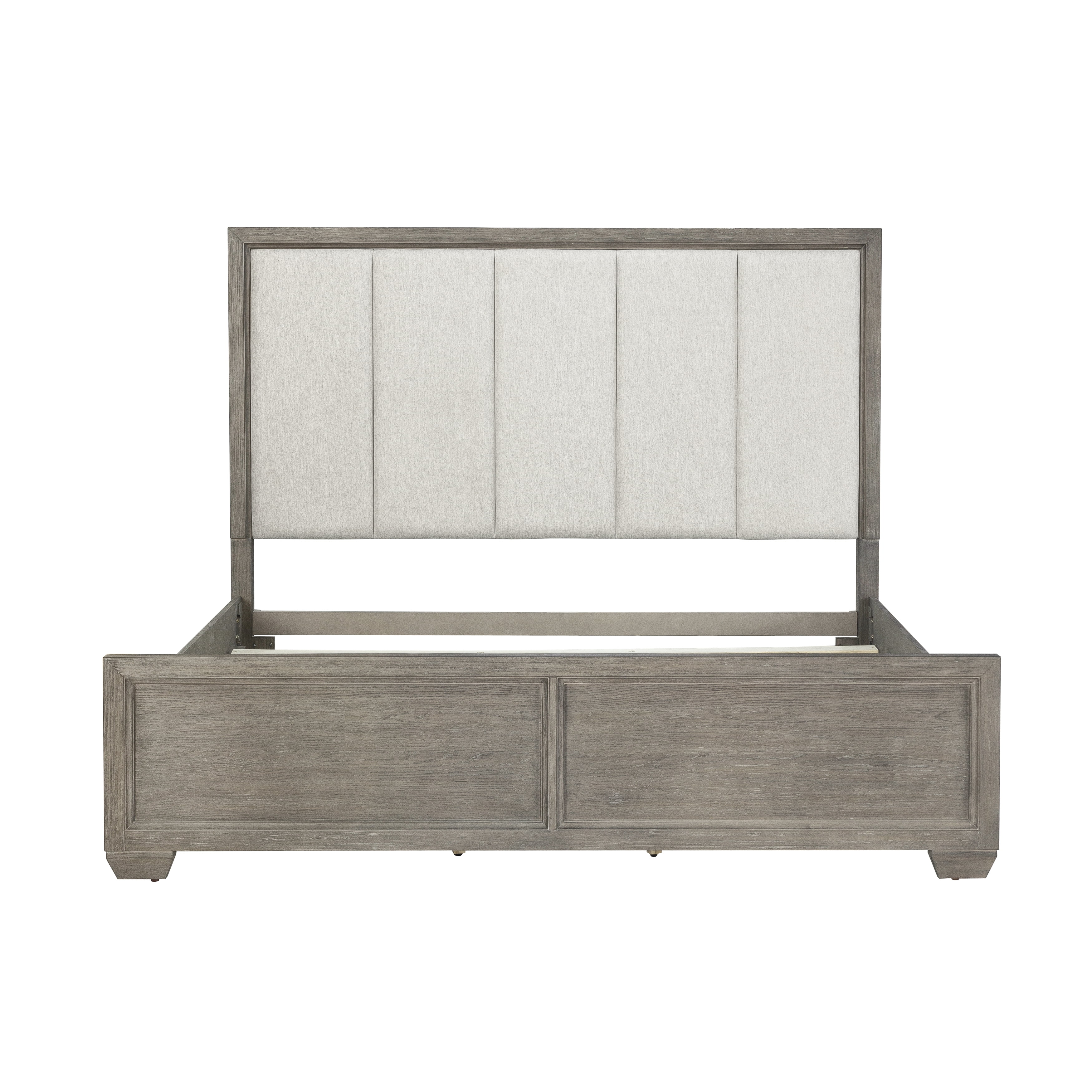 Ennesley Gray Wood Bedroom Set with Upholstered Panel King Bed, Dresser, Mirror, 2 Nightstand, and Chest