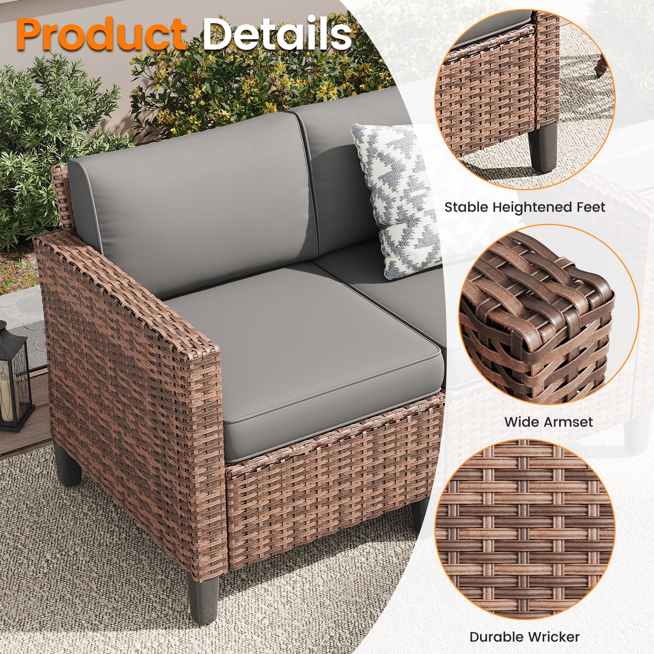 Poteban Outdoor Patio Furniture Set, Rocking Swivel Chair, 9 Pieces Wicker Rattan Sectional Furniture for Backyard (Grey)