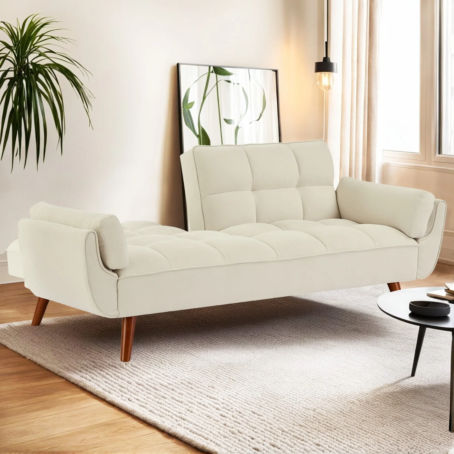 75.39 INCH Futon Sofa Bed, Convertible Folding Futon Couch Recliner Lounge For Living Room With 2 Pillow/Armrest Beige