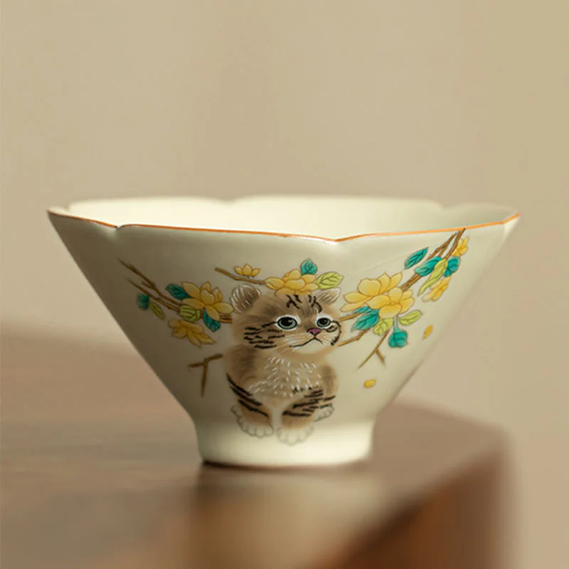 Buddha Stones Cute Cat Yellow Flowers Rabbit Teacup Kung Fu Tea Cup