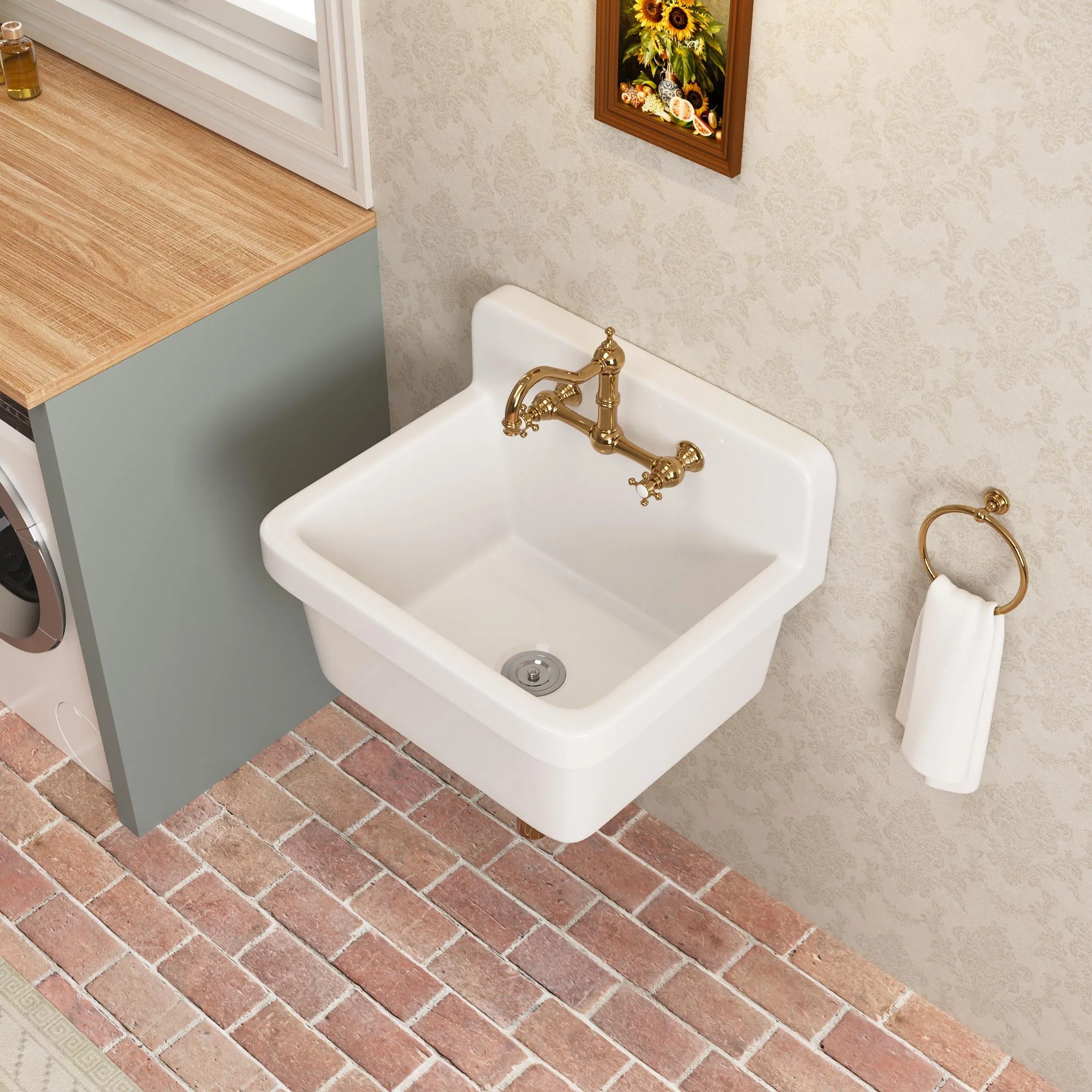 24 in. L Wall Mount Laundry/Utility Sink in White Single Bowl Sink for 2-Hole Faucet