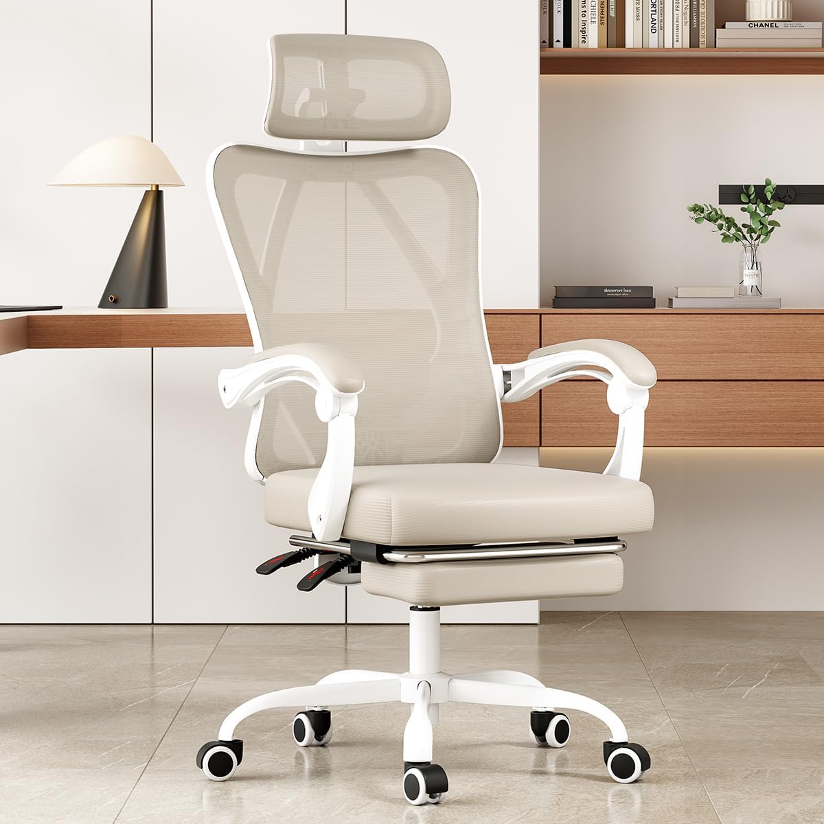 STARY Ergonomic Office Chair with Footrest, High Back Mesh Desk Chair with Adjustable Headrest & Lumbar Support, Comfortable Computer Chair for Home Office Study, White & Beige