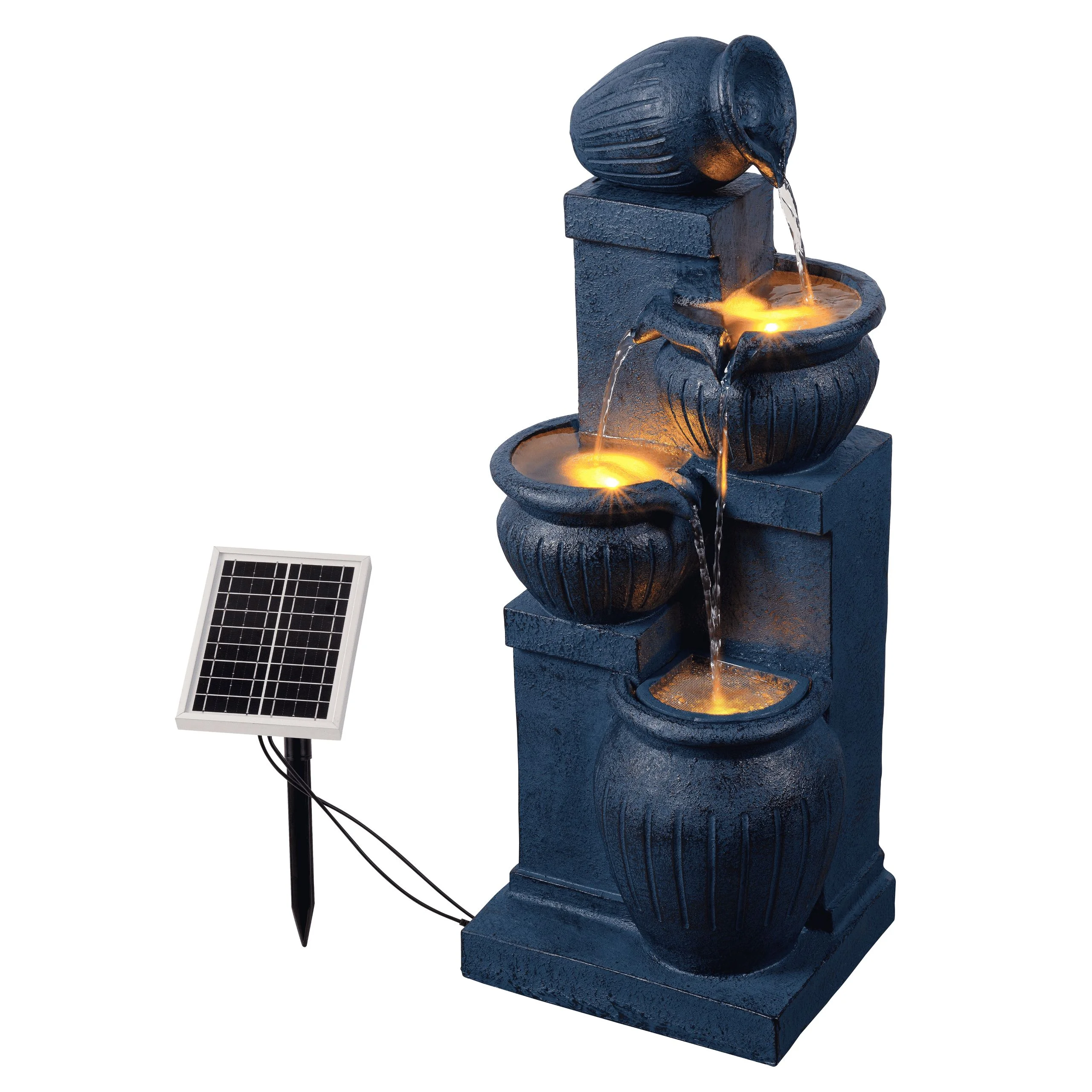 Teamson Home Outdoor Water Fountain with Lights�C 4-Tier Cascading Bowl Design with LED Light & Solar Pump, Solar-Powered Water Fountain Outdoor Garden, Yard, or Patio D��cor, Navy Blue