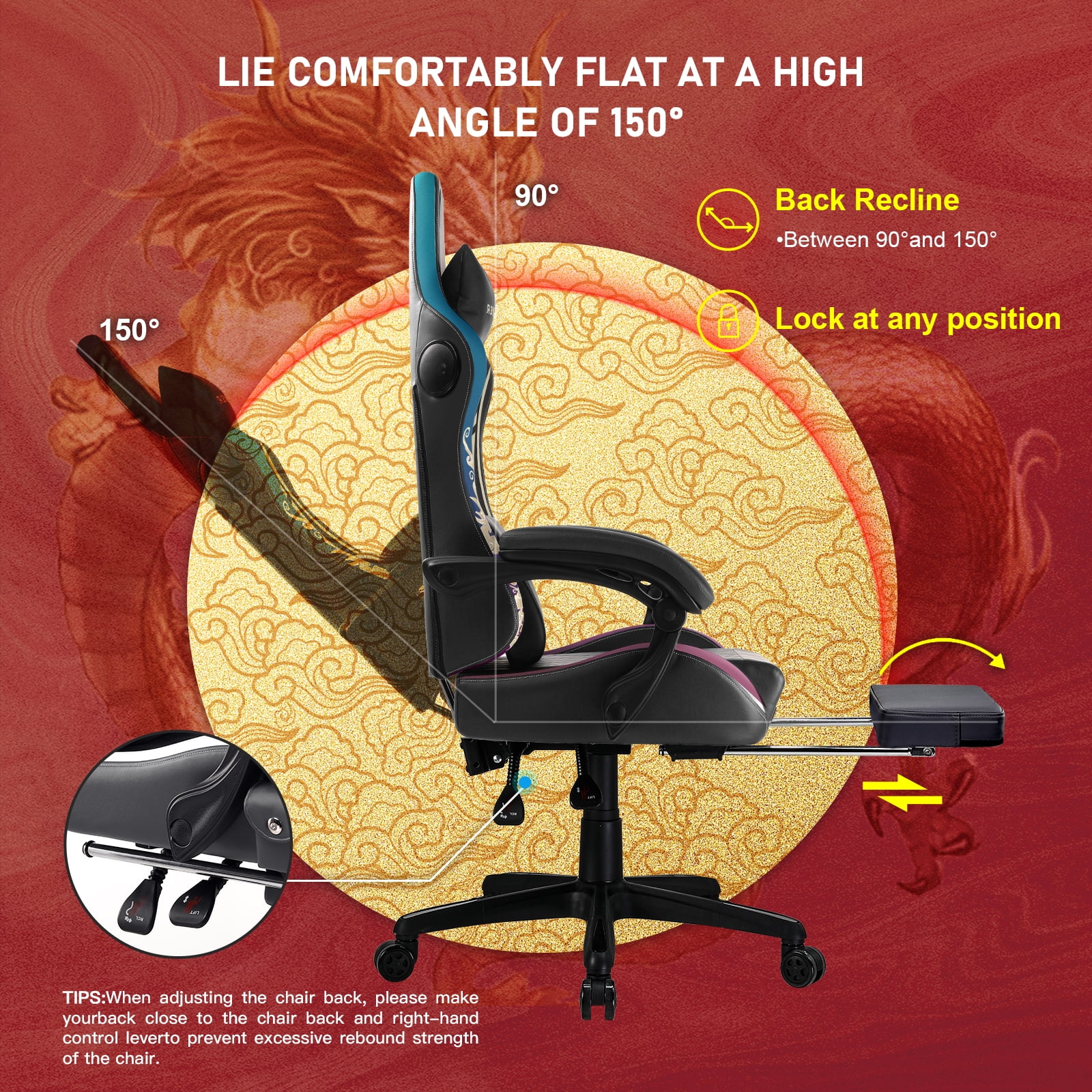 GTPLAYER Gaming Chair with Bluetooth Speakers and Footrest Office Desk Chair, Blue