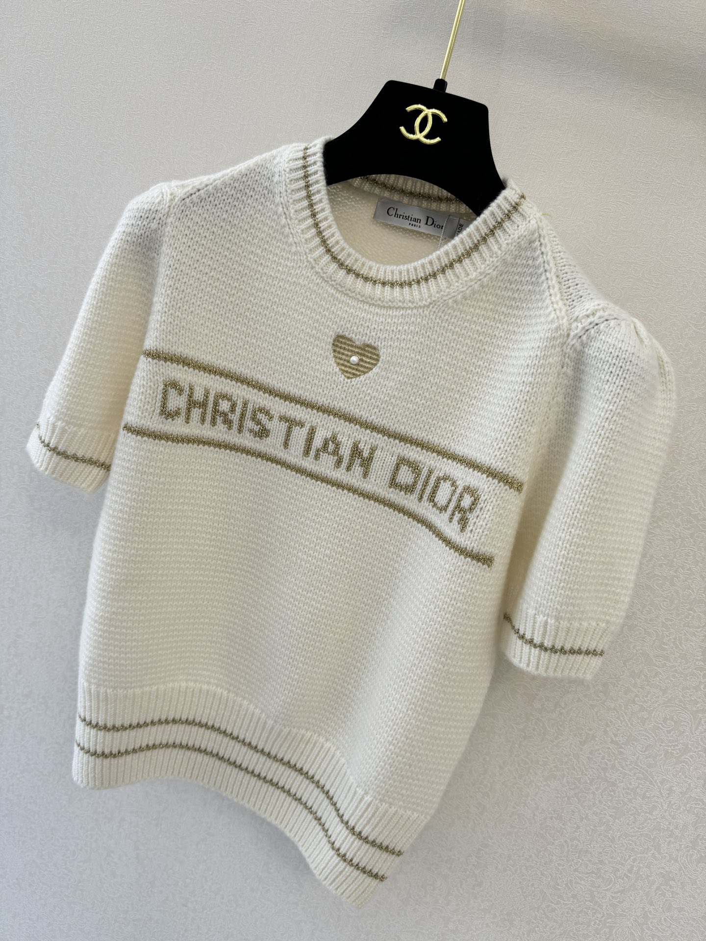 Puff sleeve heart jacquard knit short sleeve