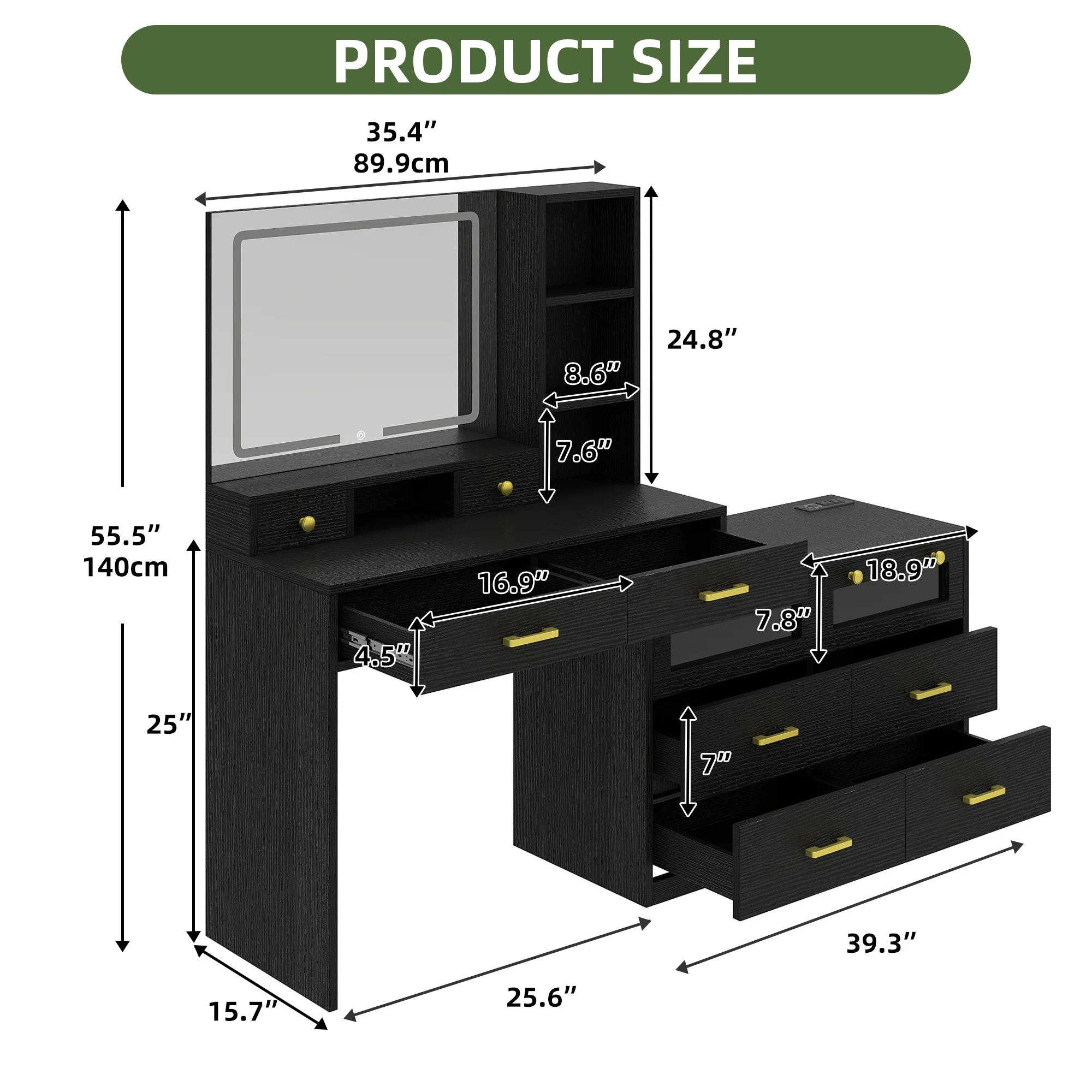 Uforic Vanity Makeup Desk with LED Light Mirror & Power Outlet, 10 Drawers, 4 Storage Shelves, 3 Color Modes & Adjustable Brightness Dressing Table, Corner Vanity,L Shape Change, 65
