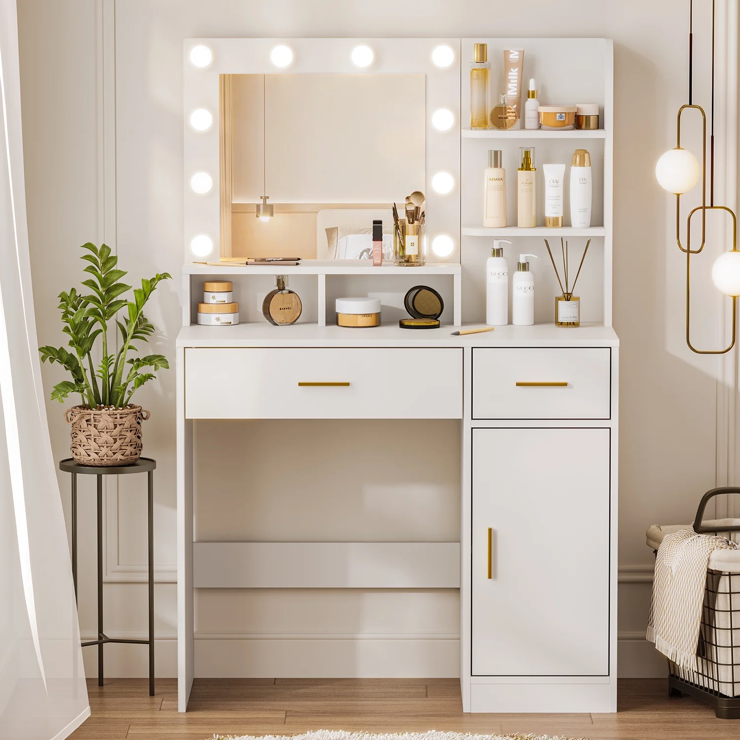 eChamp Makeup Vanity Desk with 3 Color Light & Mirror, Vanity Table with 4 Drawers, Storage Shelf, Power Outlet, Adjustable Brightness Dressing Table, White