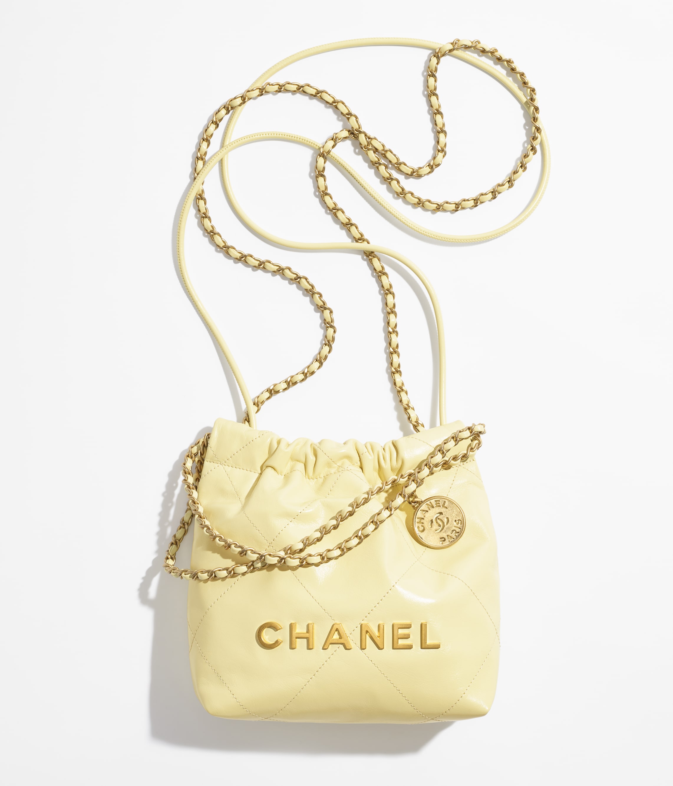 Chanel 22 Mini Handbag Shiny Calfskin & Gold-Tone Metal Light Yellow