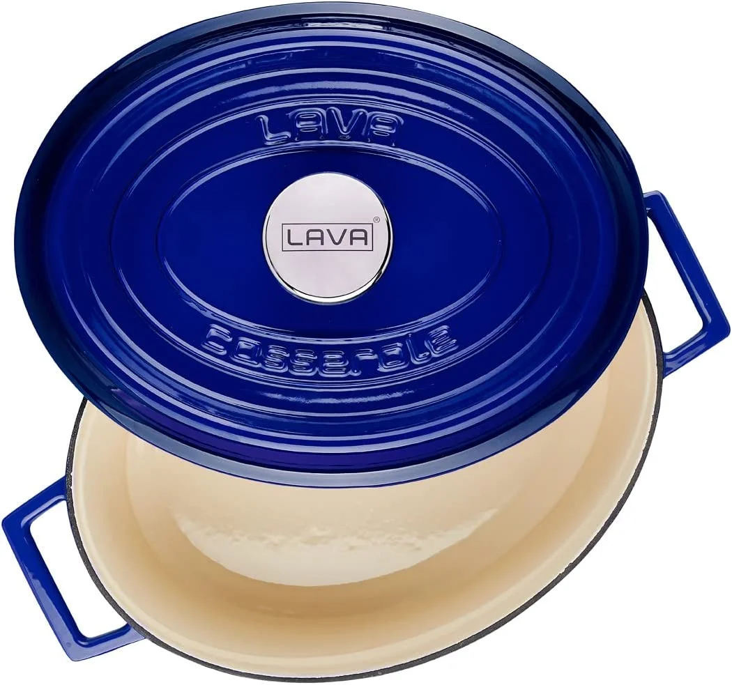 LAVA 6.75 Quarts Cast Iron Dutch Oven: Multipurpose Stylish Oval Shape Dutch Oven Pot with Three Layers of Enamel Coated with Trendy Lid (Blue)
