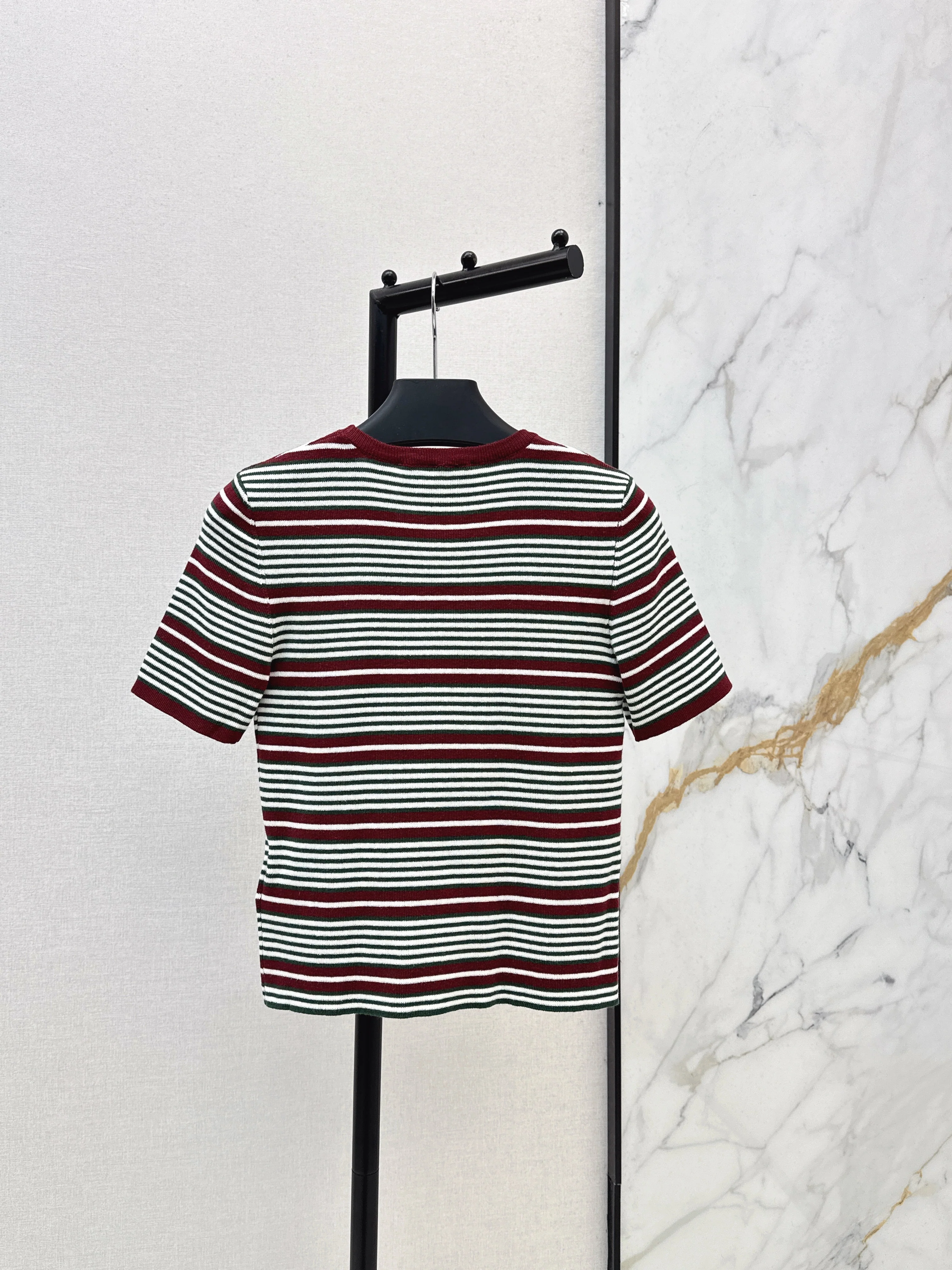 26SS New Letter Embroidered Striped Short-Sleeve Knit Sweater